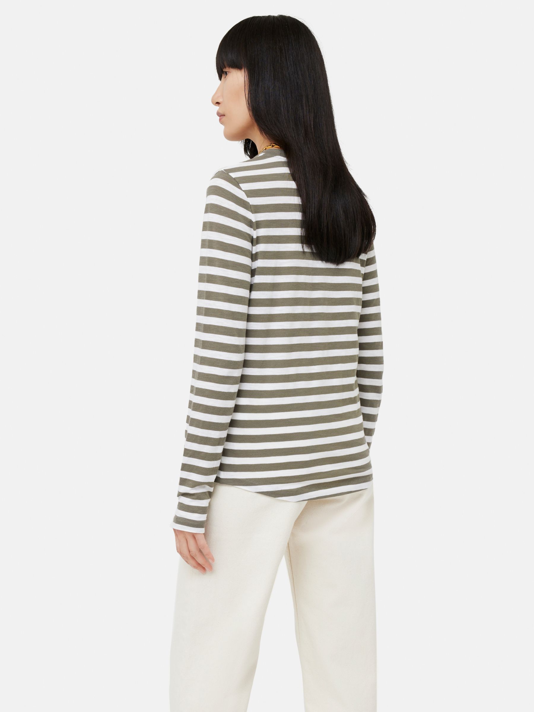 Jigsaw Stripe Long Sleeve Cotton T-Shirt, Khaki/White