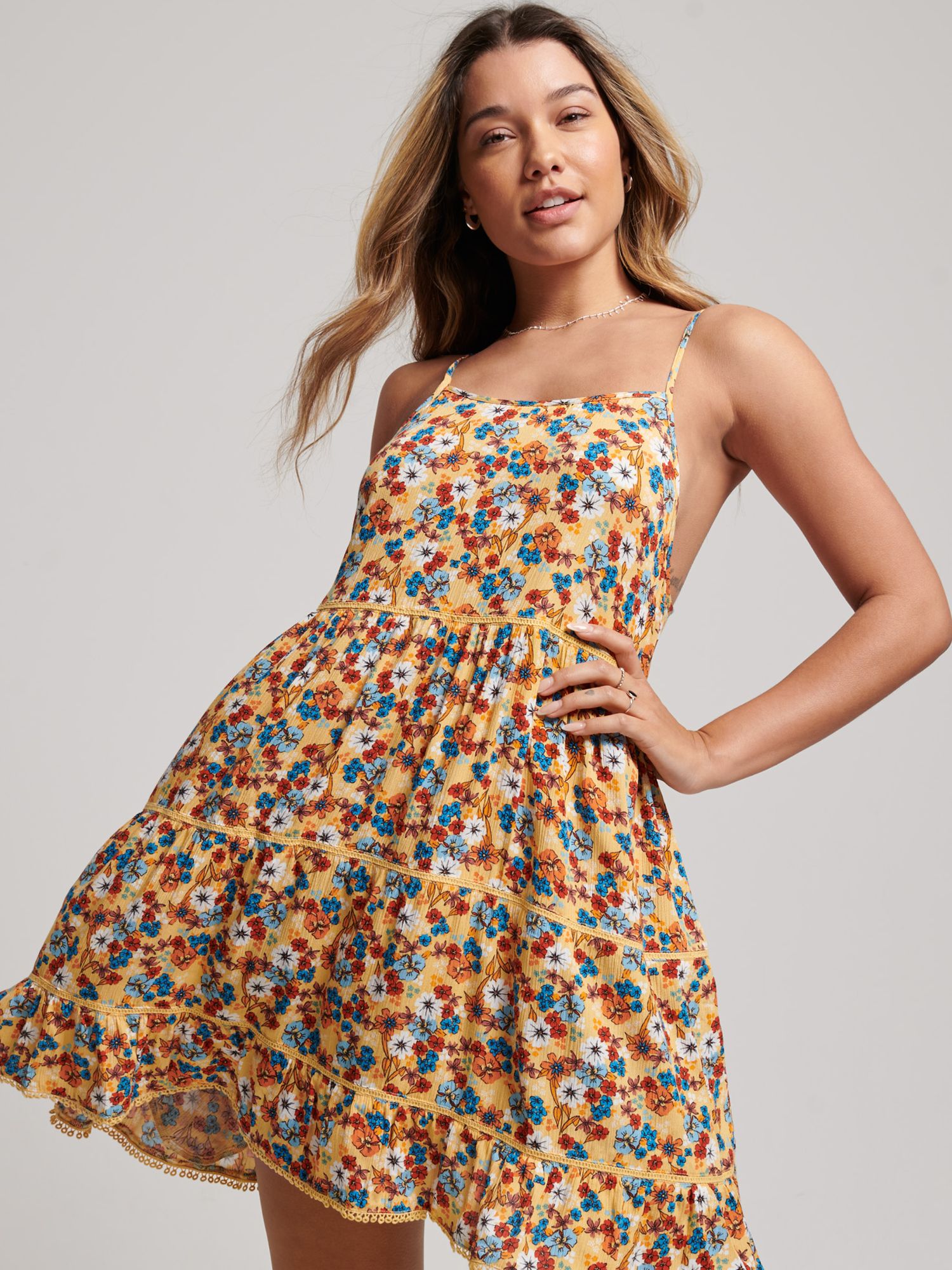 Superdry Mini Beach Cami Dress, 70s Yellow Floral, 6