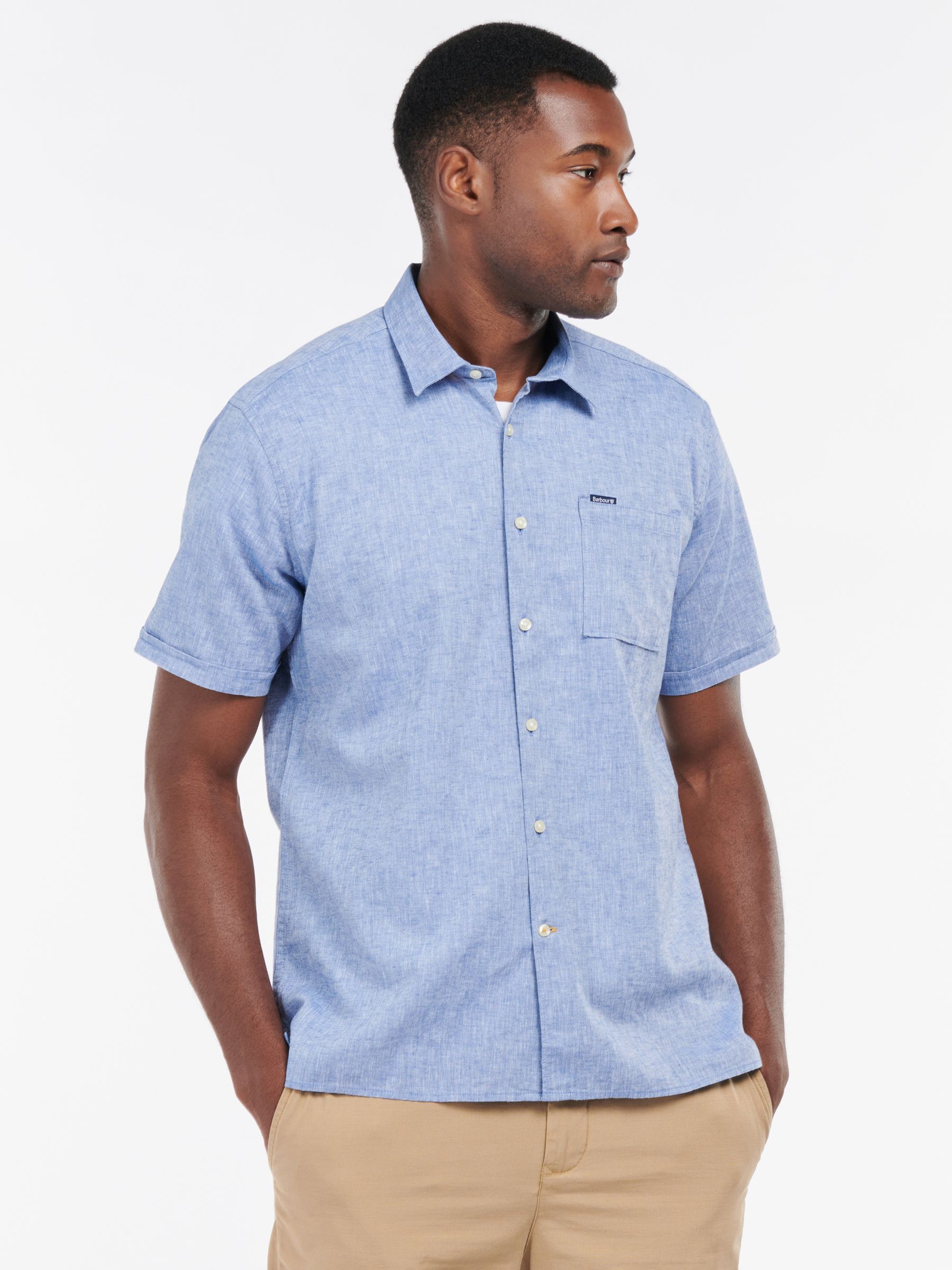 Barbour Nelson Linen Blend Short Sleeve Shirt, Blue, S