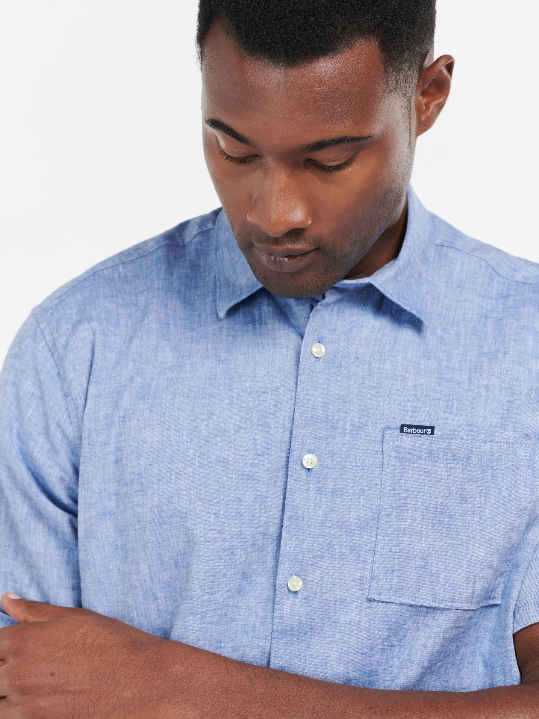 Barbour Nelson Linen Blend Short Sleeve Shirt, Blue at John Lewis ...