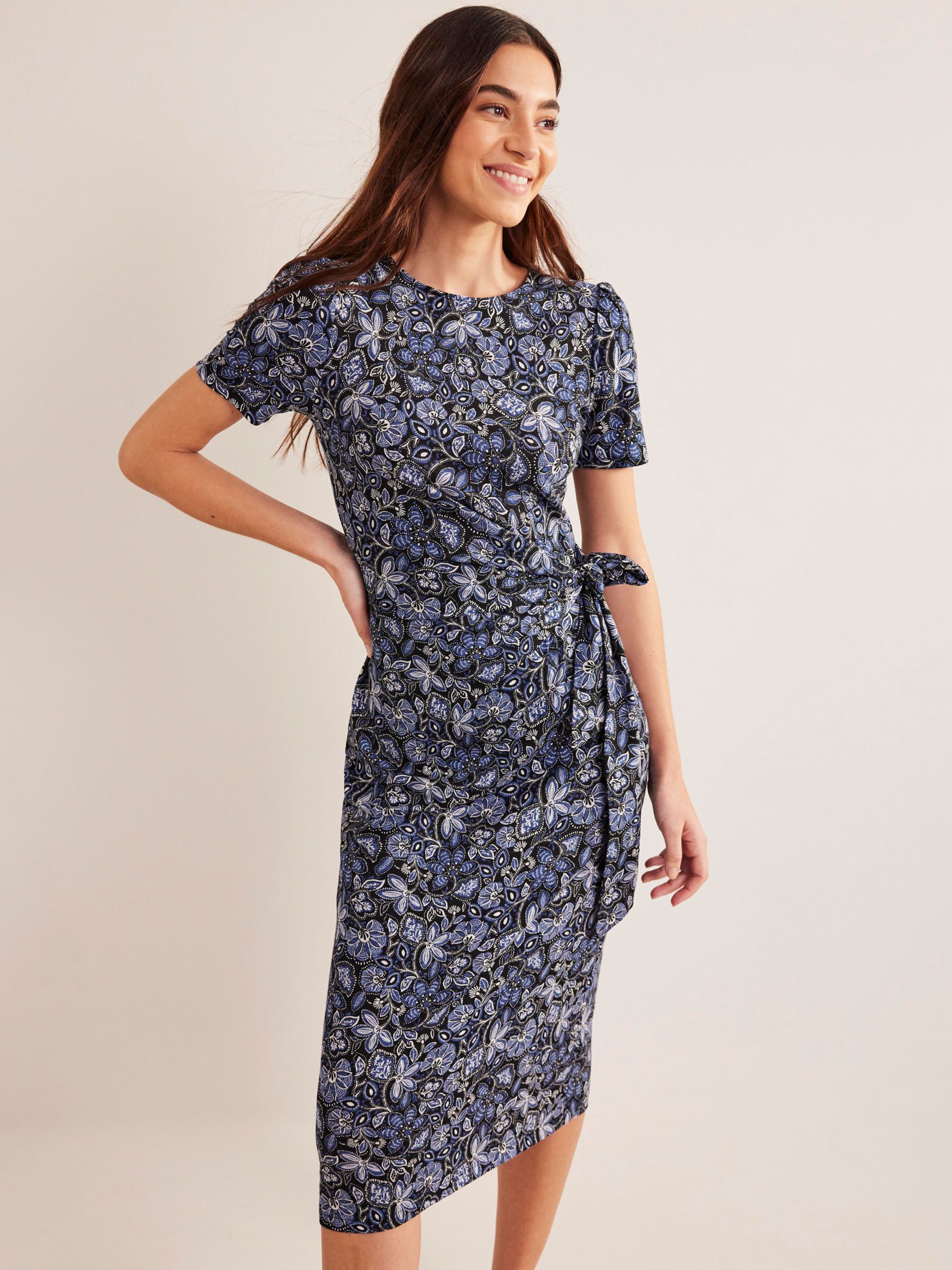 Boden Knot Front Jersey Floral Print Midi Dress, Blue at John Lewis ...