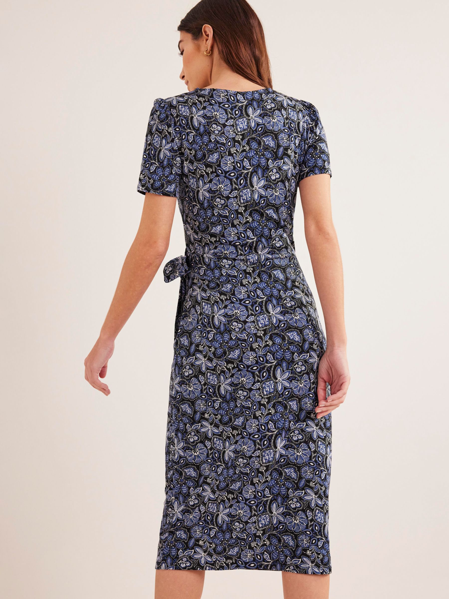 Boden Knot Front Jersey Floral Print Midi Dress, Blue, 8