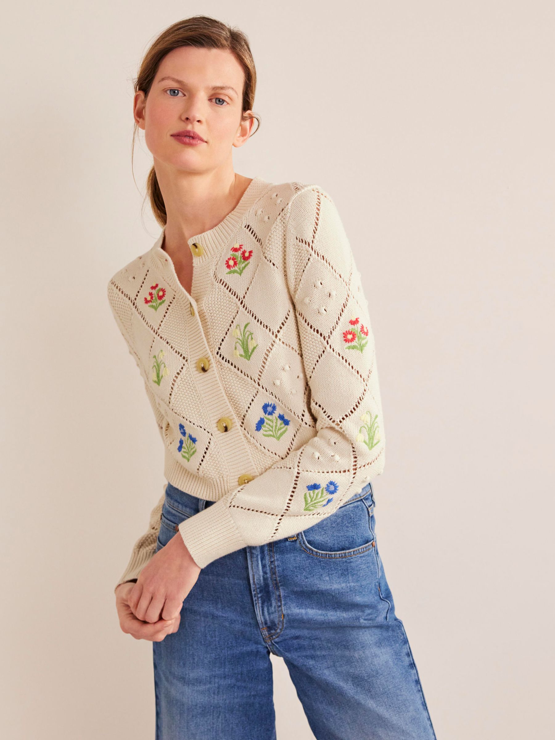 Boden Floral Embroidered Cardigan, Warm Ivory, XS