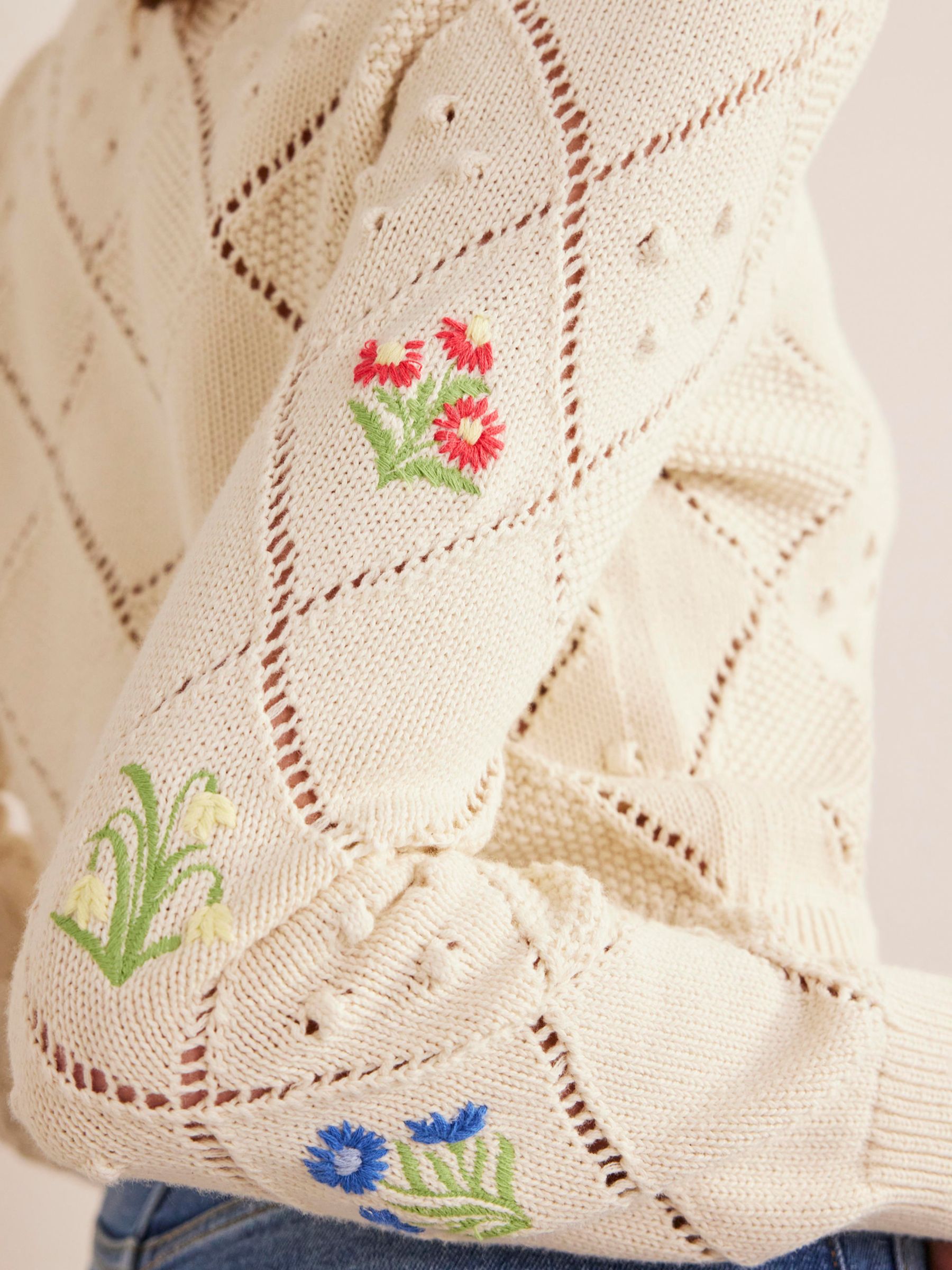 Boden Floral Embroidered Cardigan, Warm Ivory, XS
