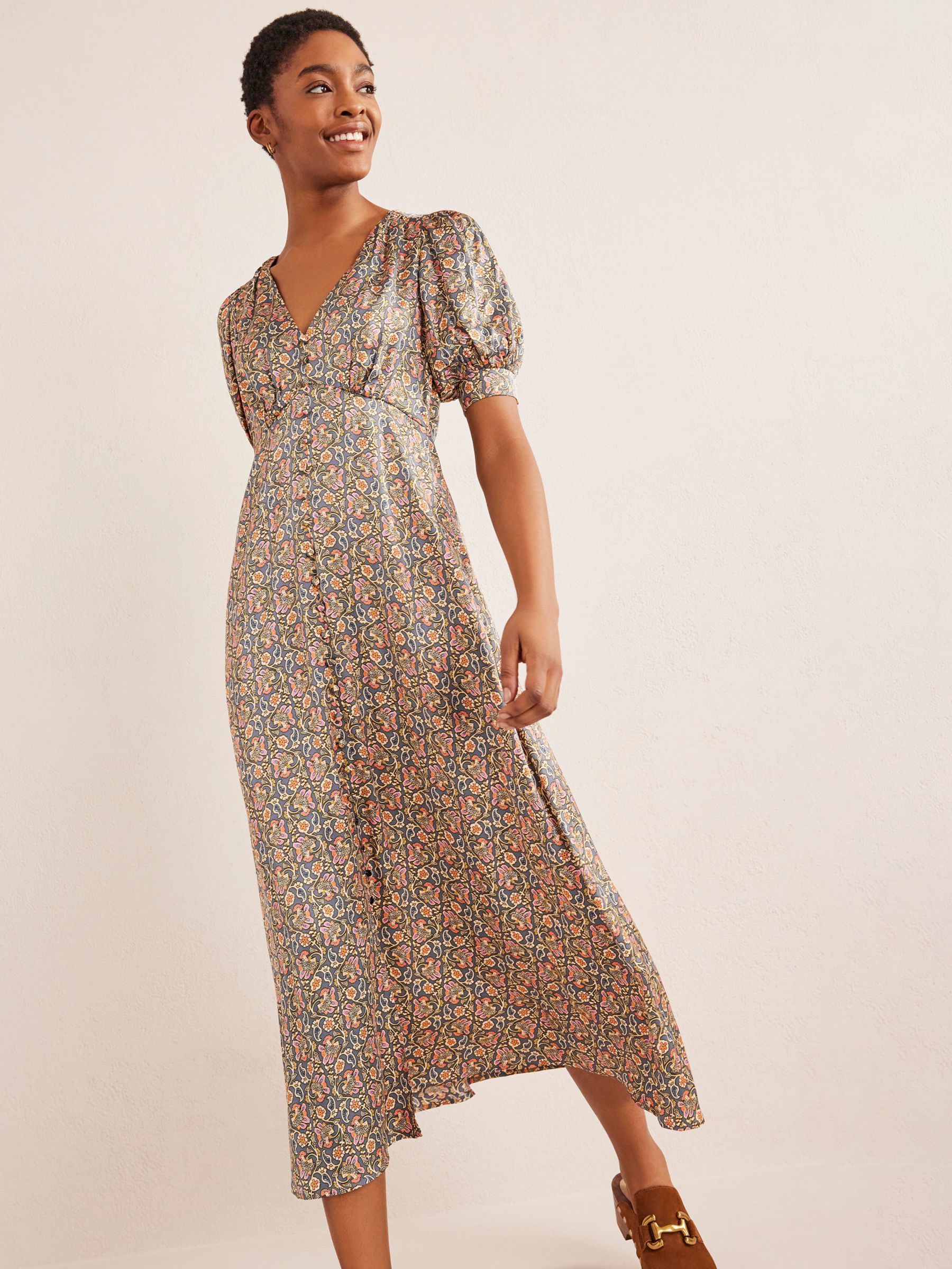 Boden Satin Midi Tea Dress, Multi, 12