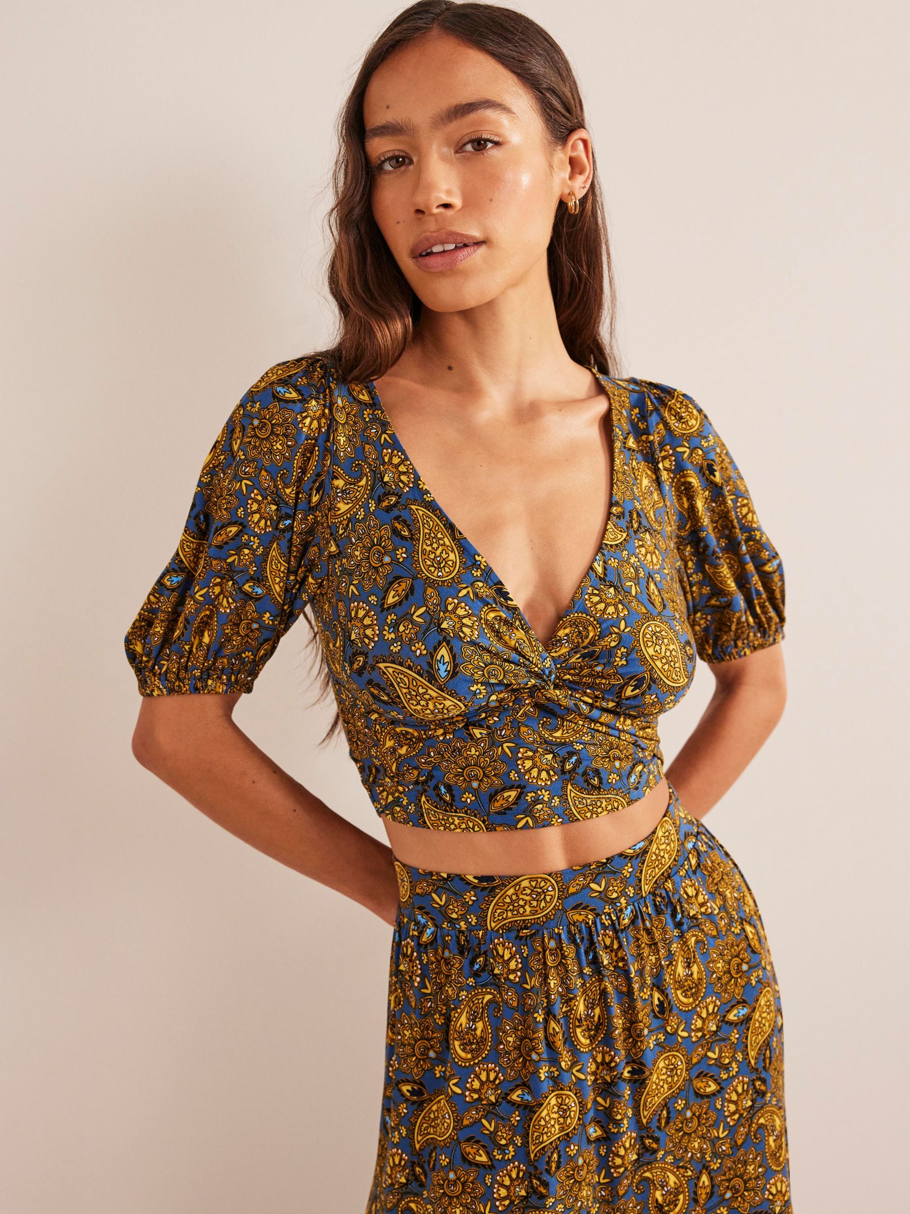 Boden Cropped Twist Paisley Top, Harvest Gold at John Lewis & Partners