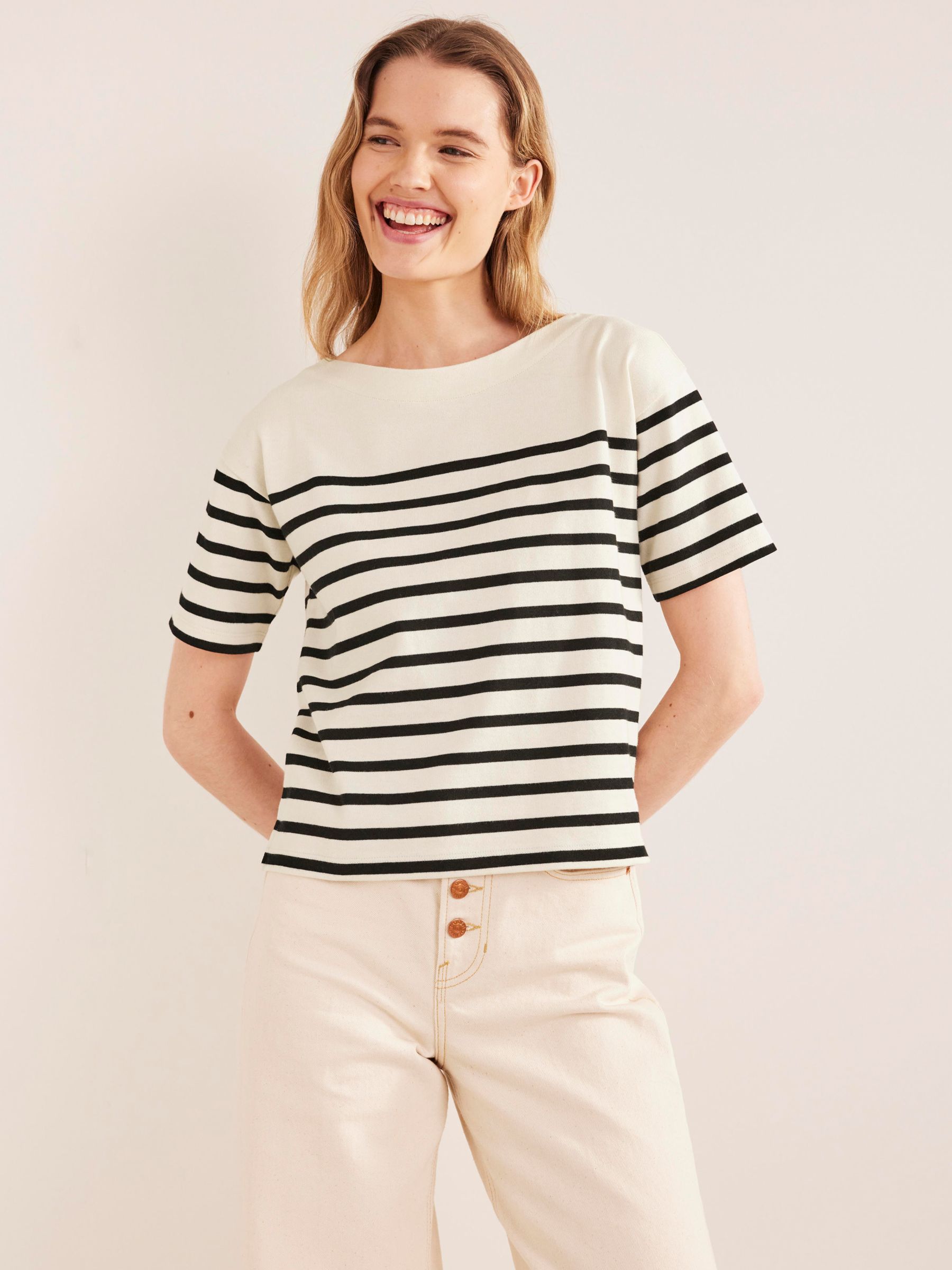 Boden Boat Neck Stripe T-Shirt, Ivory/Black