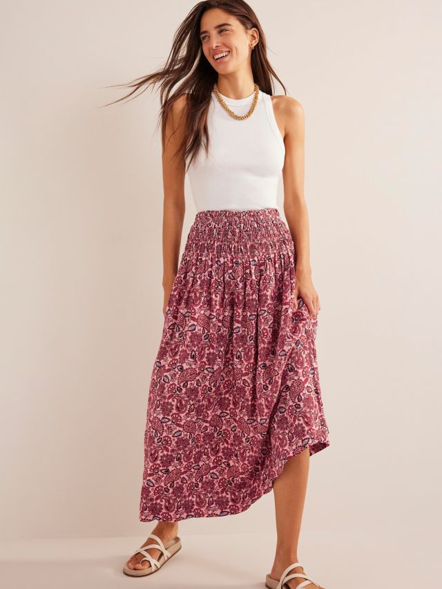 Boden Shirred Waistband Linen Midi Skirt, Chalky Pink, 8