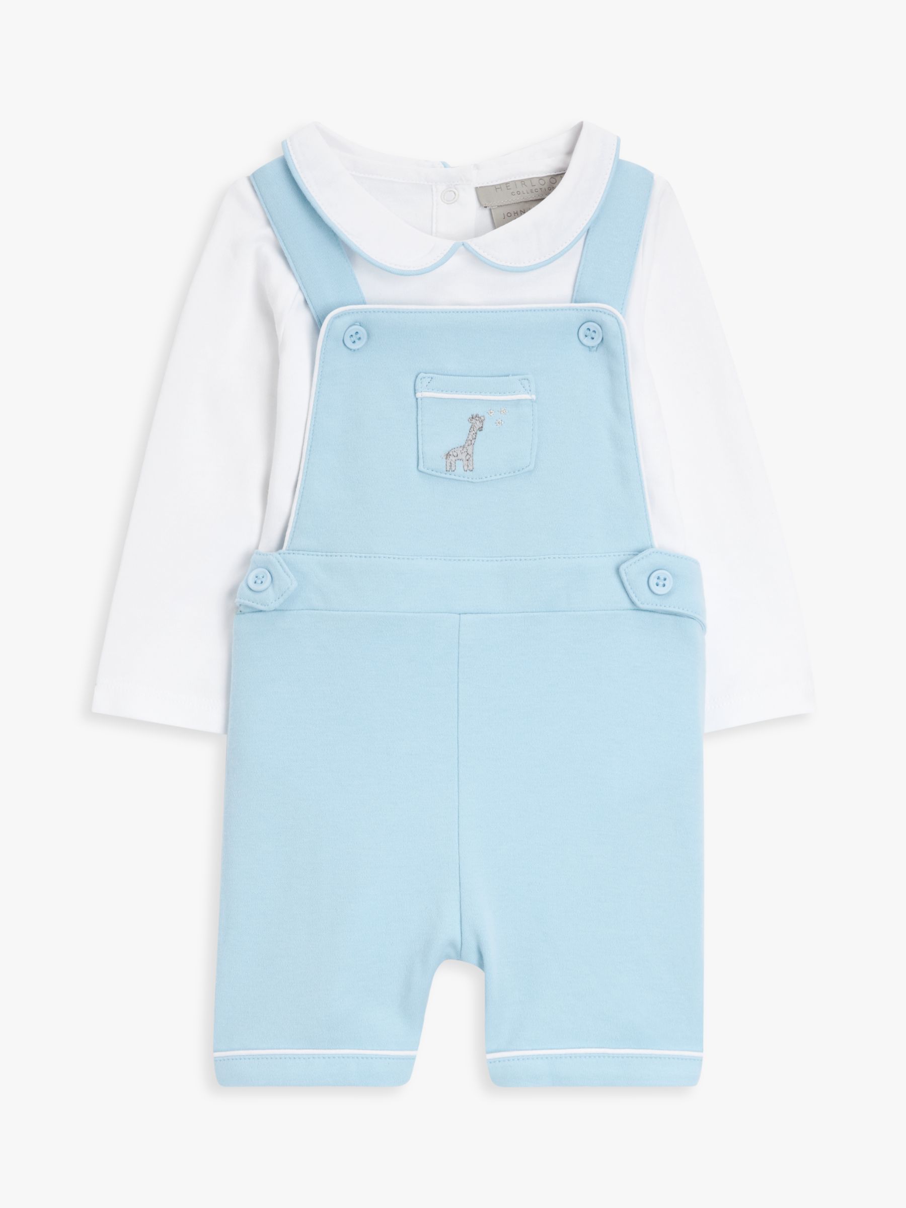 John Lewis Heirloom Collection Baby Pima Cotton Dungaree & Long Sleeve Bodysuit Set, Blue, 3-6 months