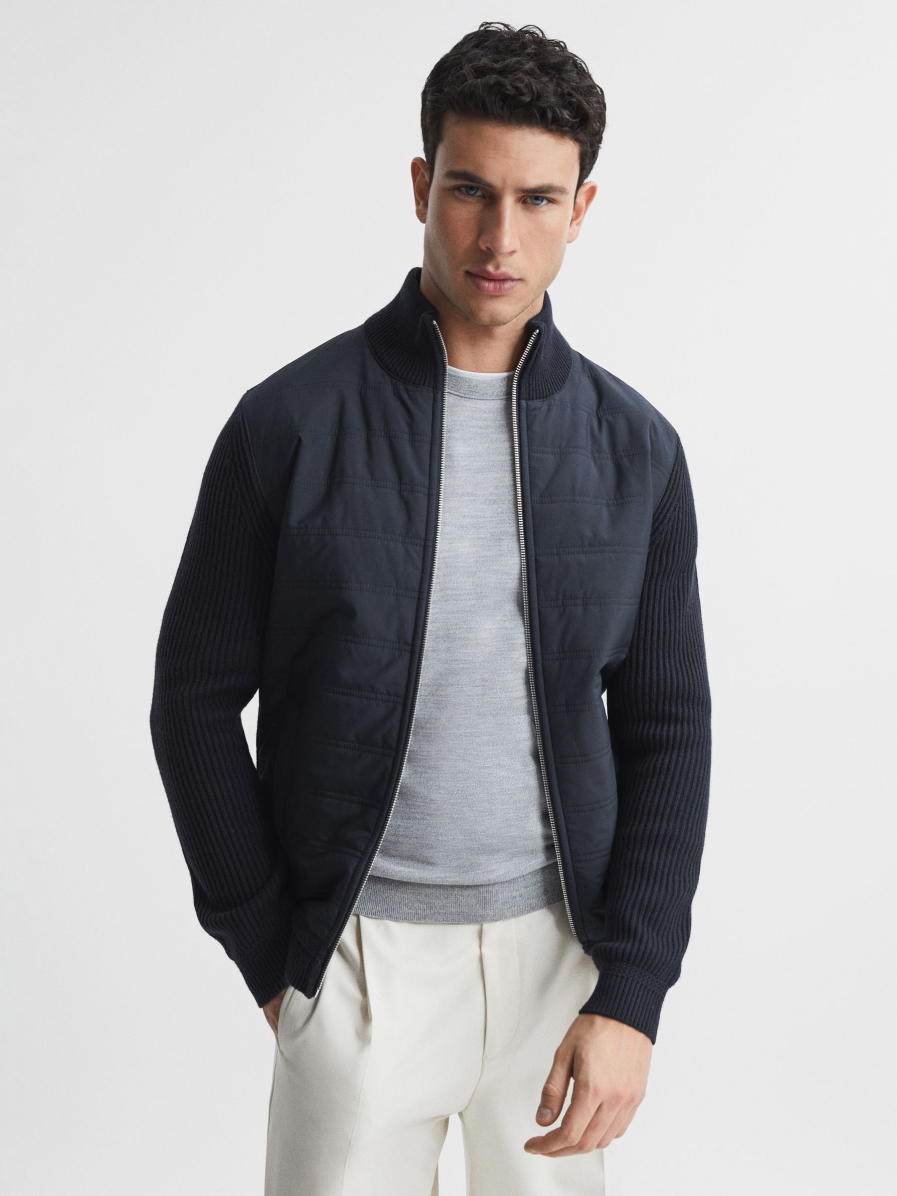 Reiss Trainer Quilted Hybrid Jacket, Navy at John Lewis & Partners