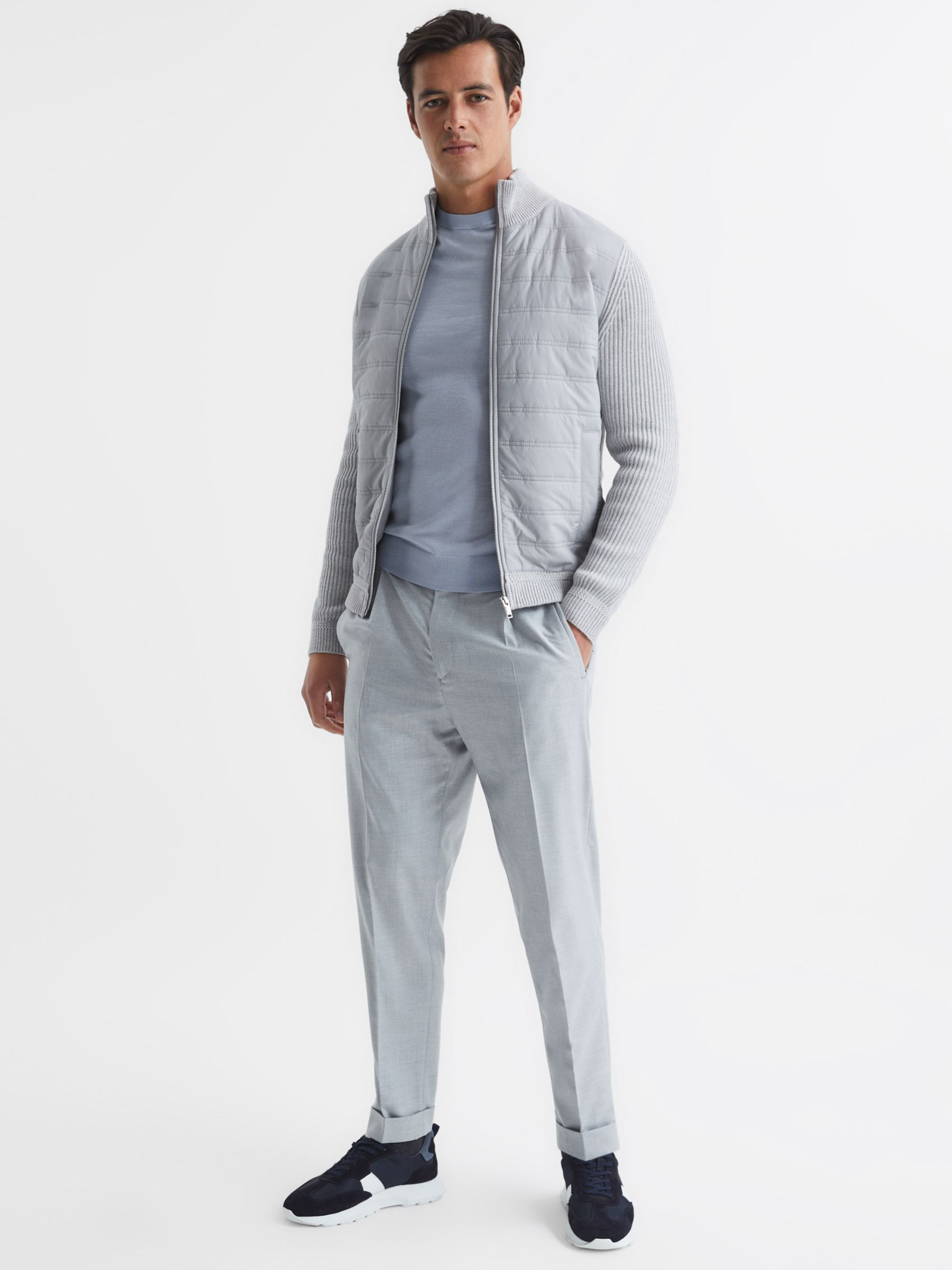 Reiss Trainer Quilted Front Zip Cardigan, Soft Grey, XS
