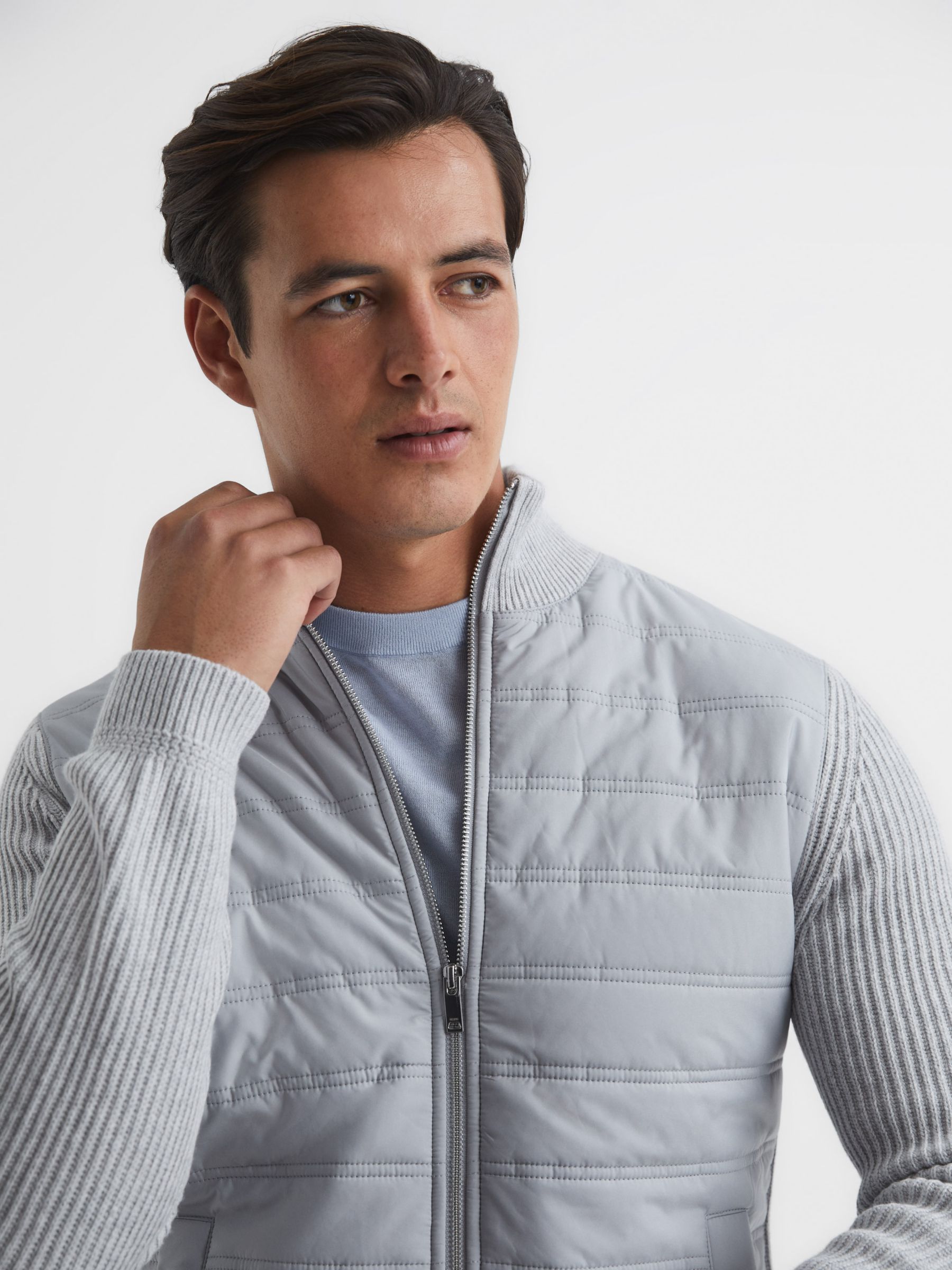 Reiss Trainer Quilted Front Zip Cardigan, Soft Grey at John Lewis & Partners