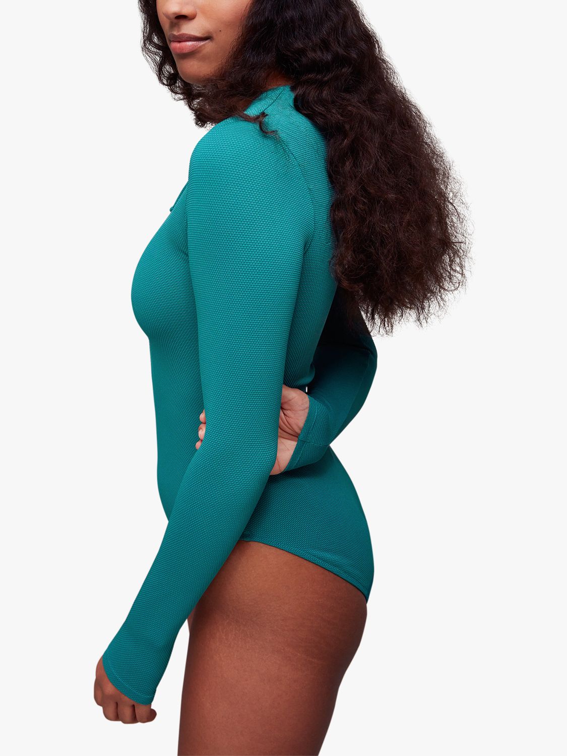 Whistles Long Sleeve Textured Swimsuit, Teal, 6