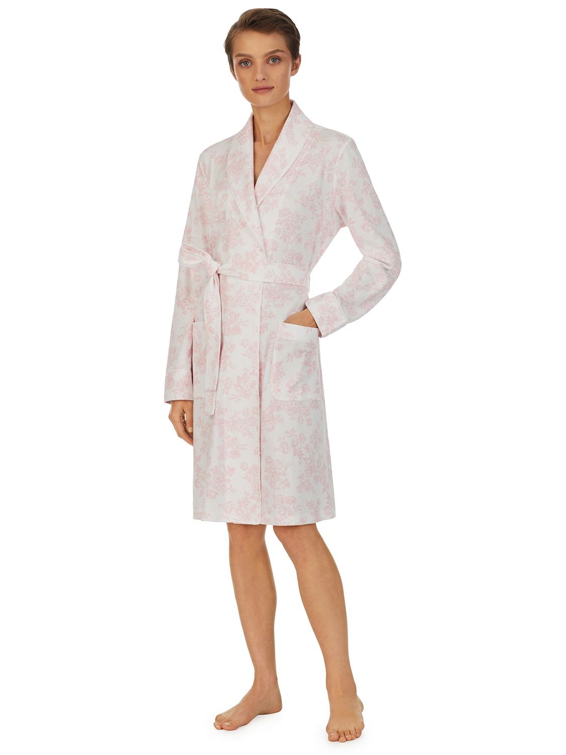 Lauren Ralph Lauren Interlock Shawl Collar Rose Print Robe, Pale Pink/White