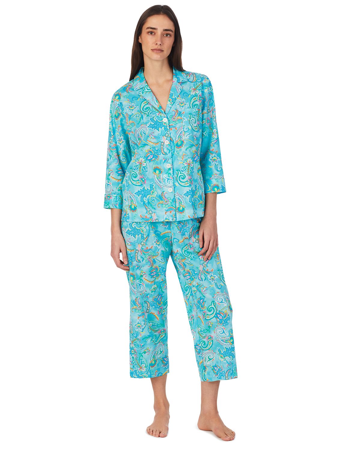 Lauren Ralph Lauren 3/4 Sleeve Floral Print Pyjamas, Turquoise/Multi