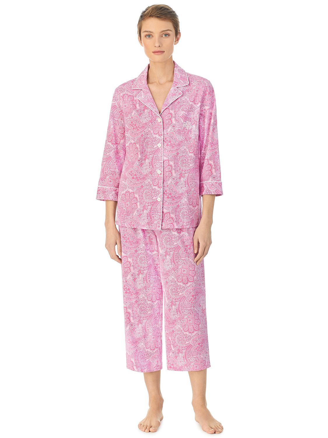 Lauren Ralph Lauren Paisley Cropped Pyjamas, Pink at John Lewis & Partners