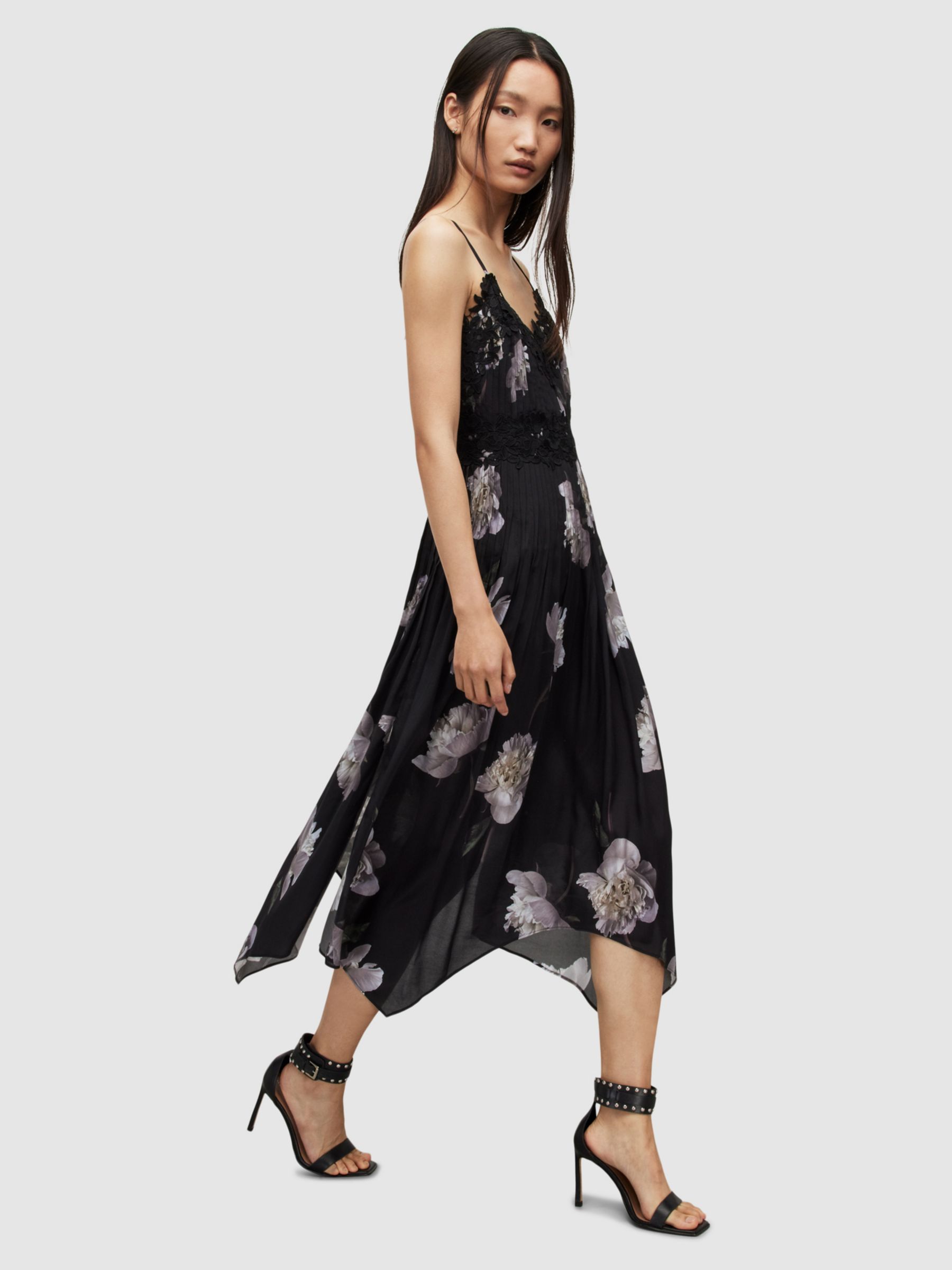 AllSaints Debi Cordelia Sleeveless Floral Midi Dress, Black/Multi, 6