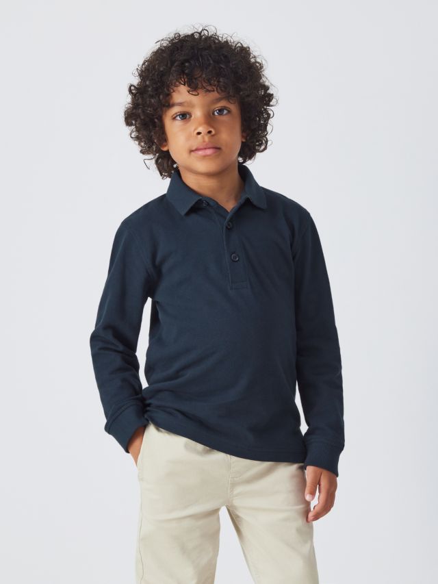 John Lewis Kids' Plain Pique Cotton Long Sleeve Polo Shirt, Blue, 2 years