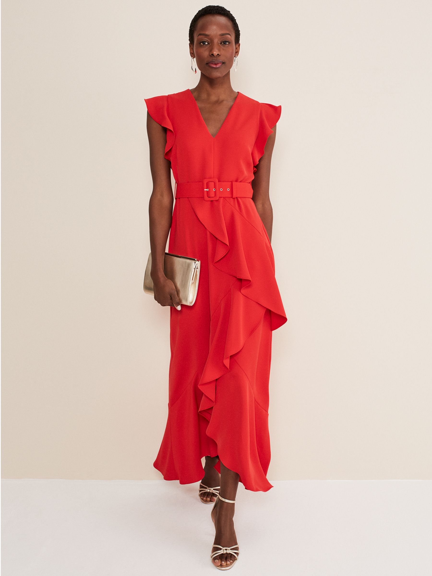 Phase Eight Phoebe Frill Belted Maxi Dress, Fire at John Lewis & Partners