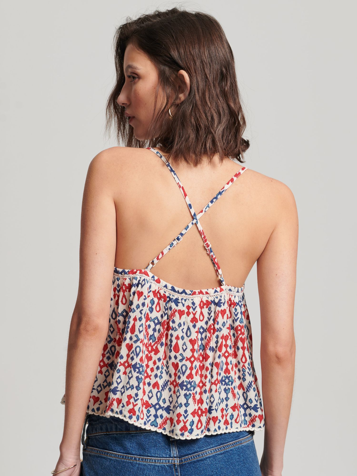 Superdry Tiered Cami Top, Blue Geo at John Lewis & Partners