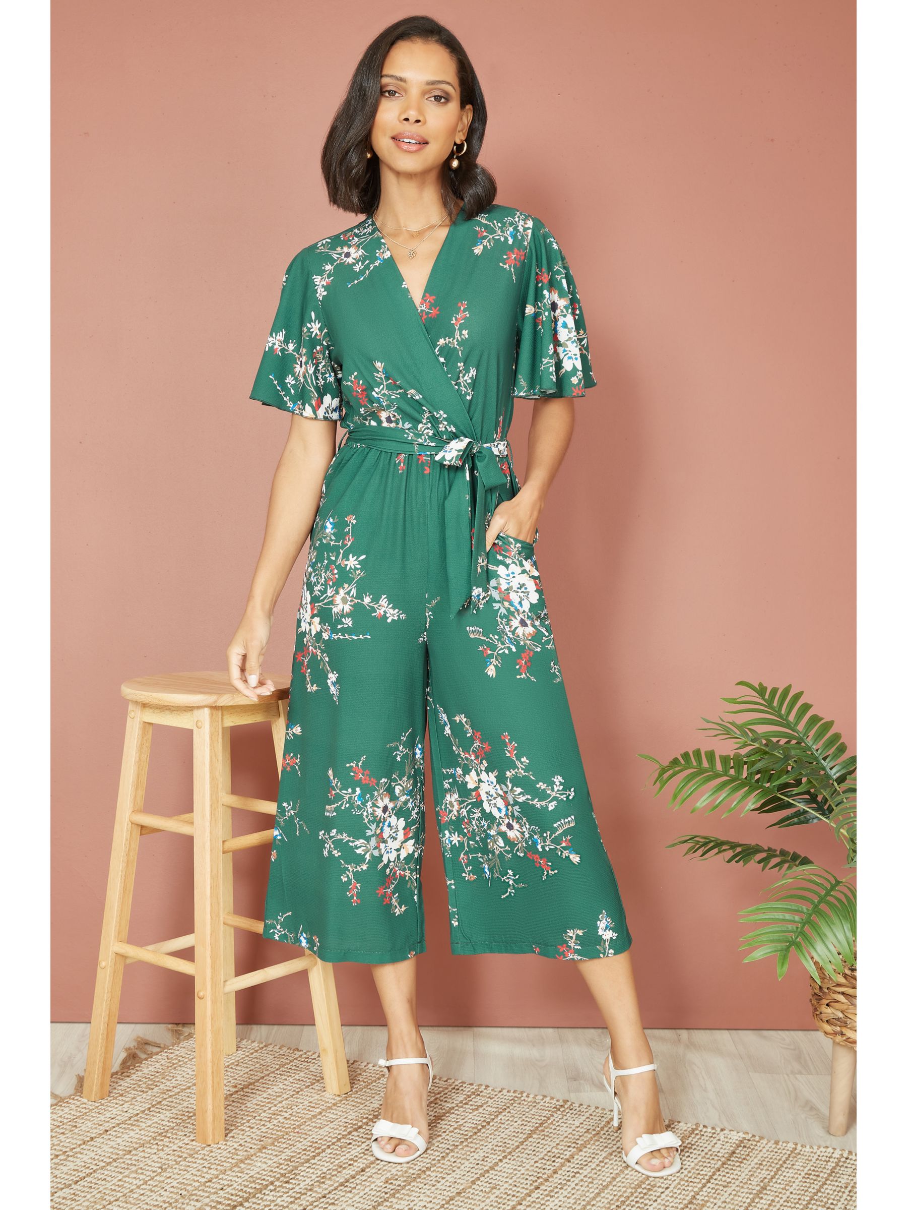 Mela London Mela Floral Print Culotte Jumpsuit, Green, 8