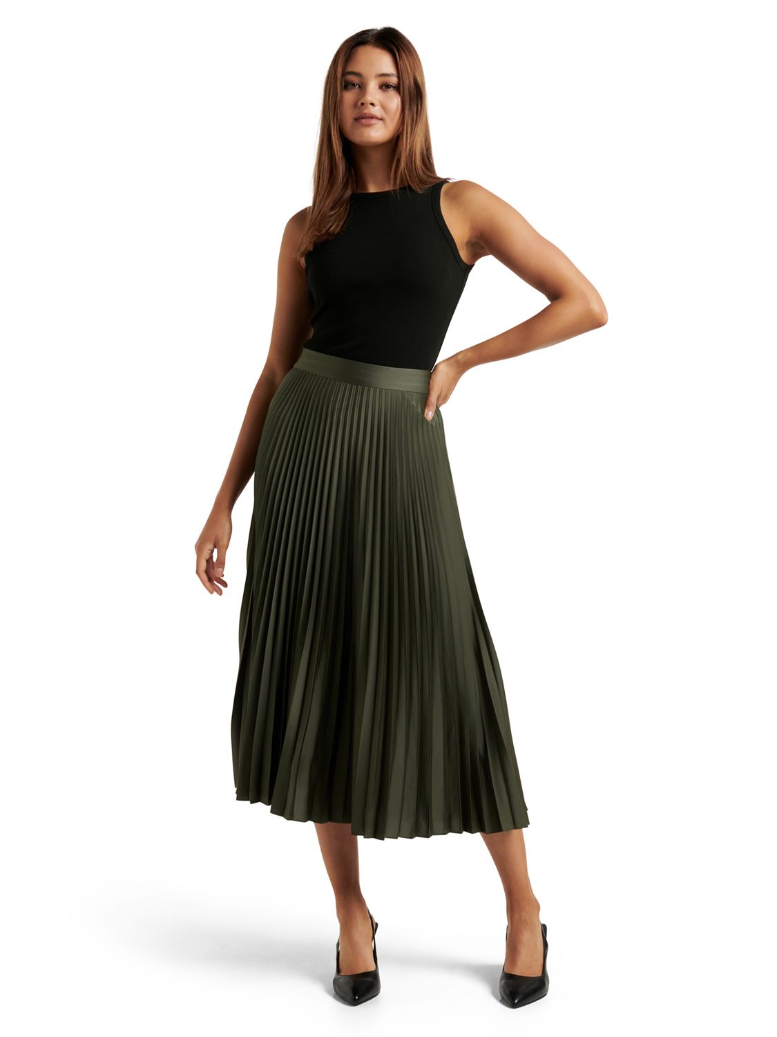 Forever New Ester Satin Pleated Skirt, Slate Green at John Lewis & Partners