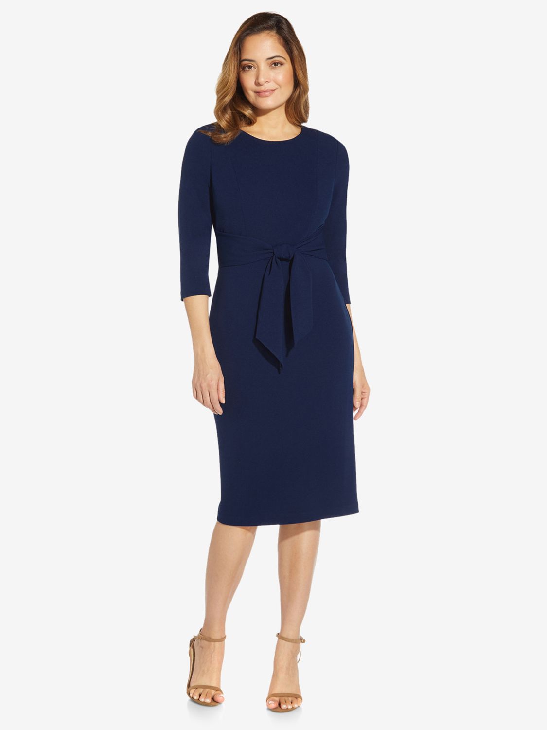 Adrianna Papell Knit Crepe Tie Waist Sheath Knee Length Dress, Navy ...