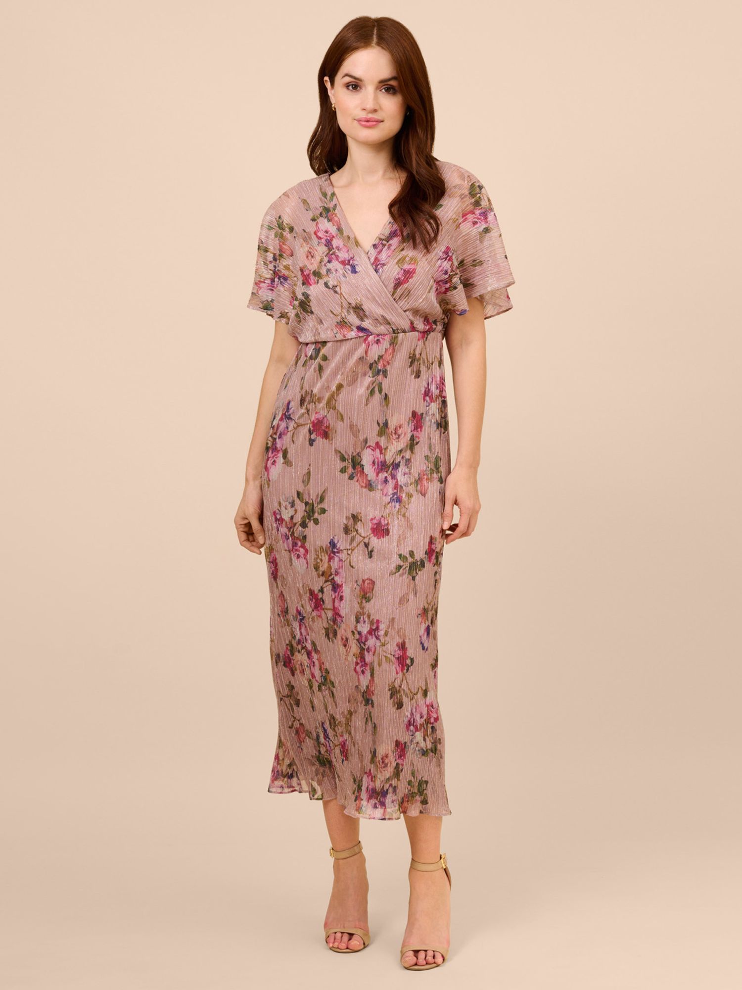 Adrianna Papell Floral Metallic Midi Crinkle Dress Rose Multi 6