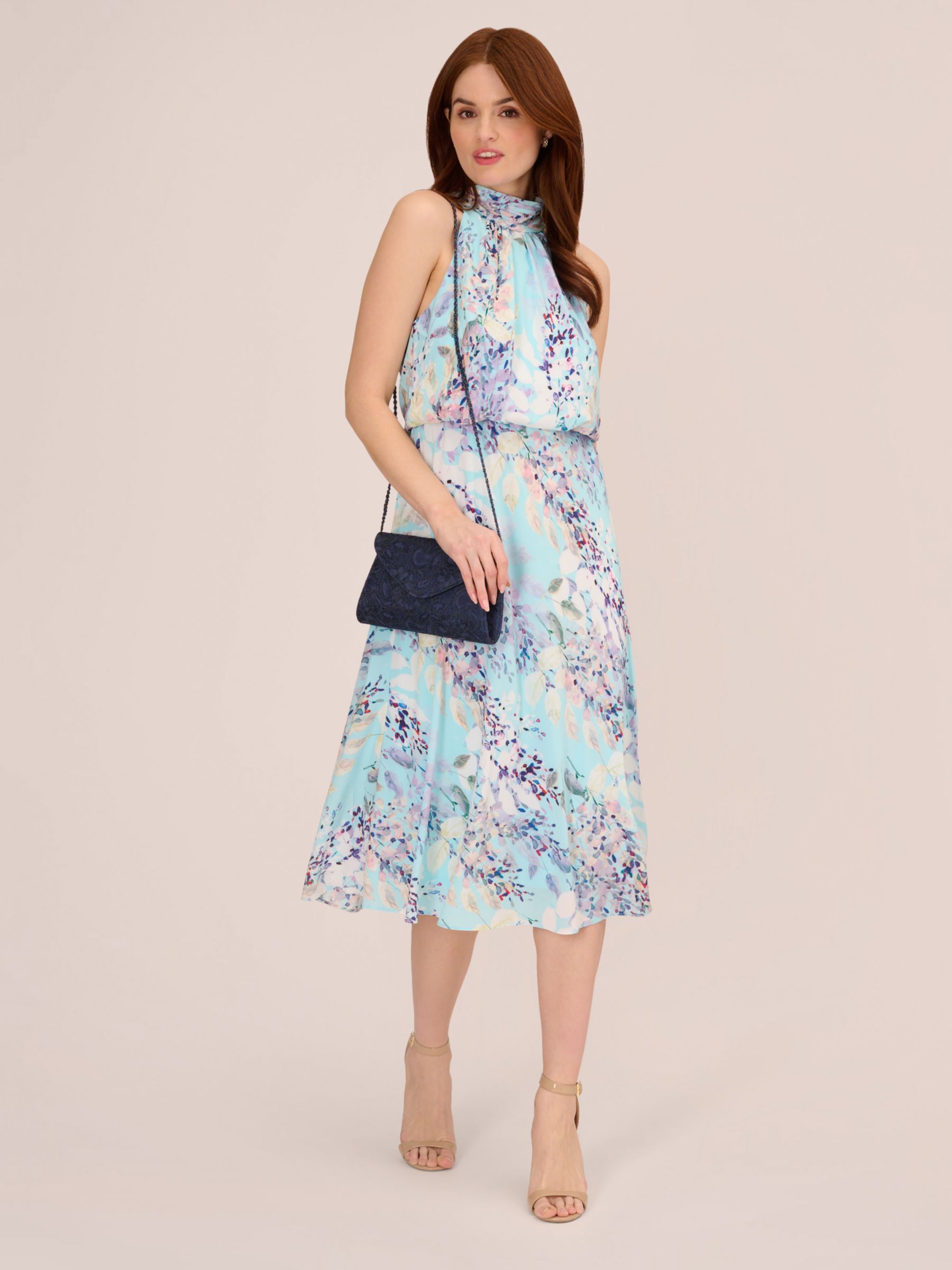 Adrianna Papell Watercolor Floral Midi Dress, Light Blue/Multi, 6
