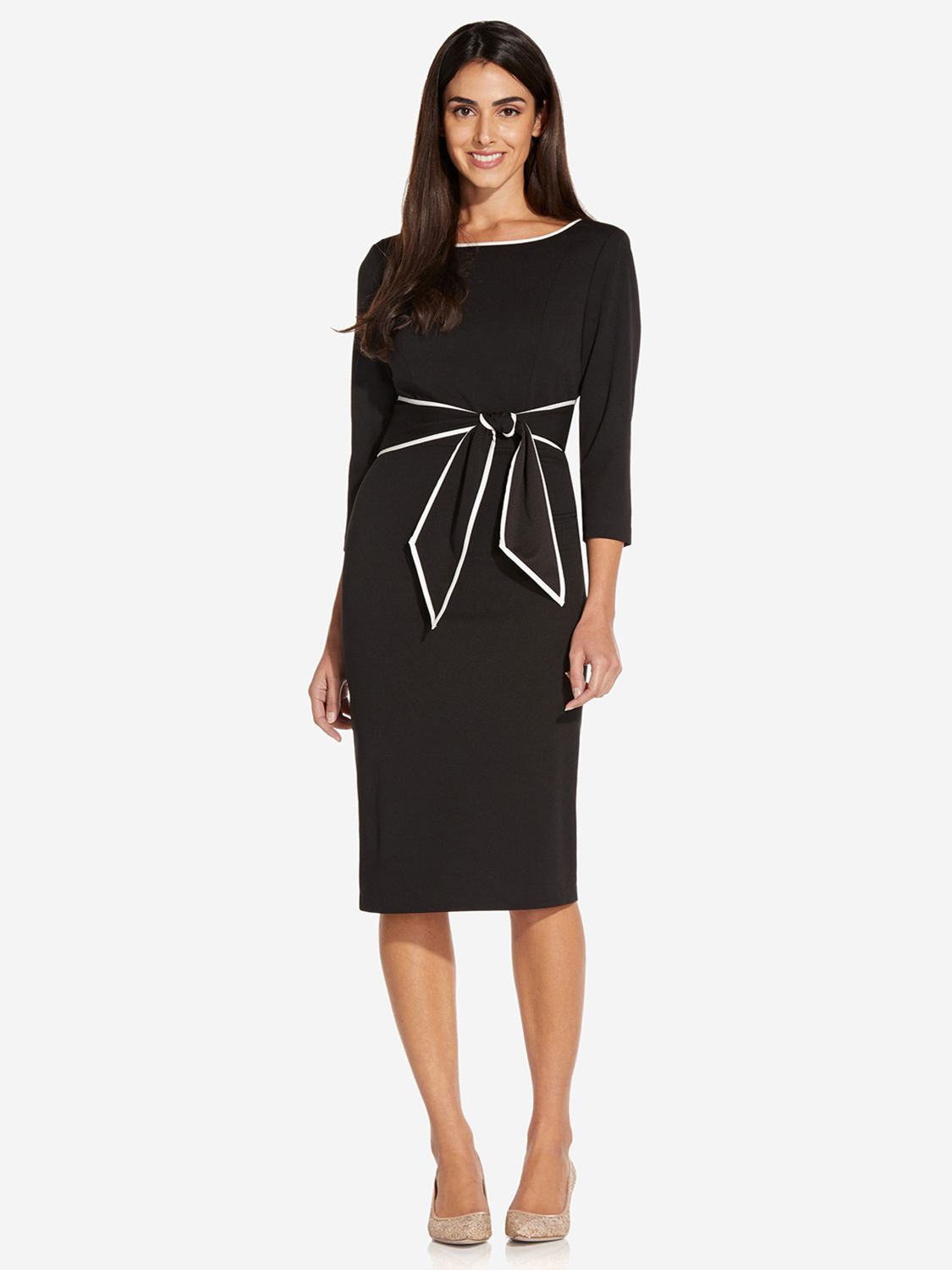 Adrianna Papell Tipped Crepe Tie Waist Midi Dress Black Ivory at