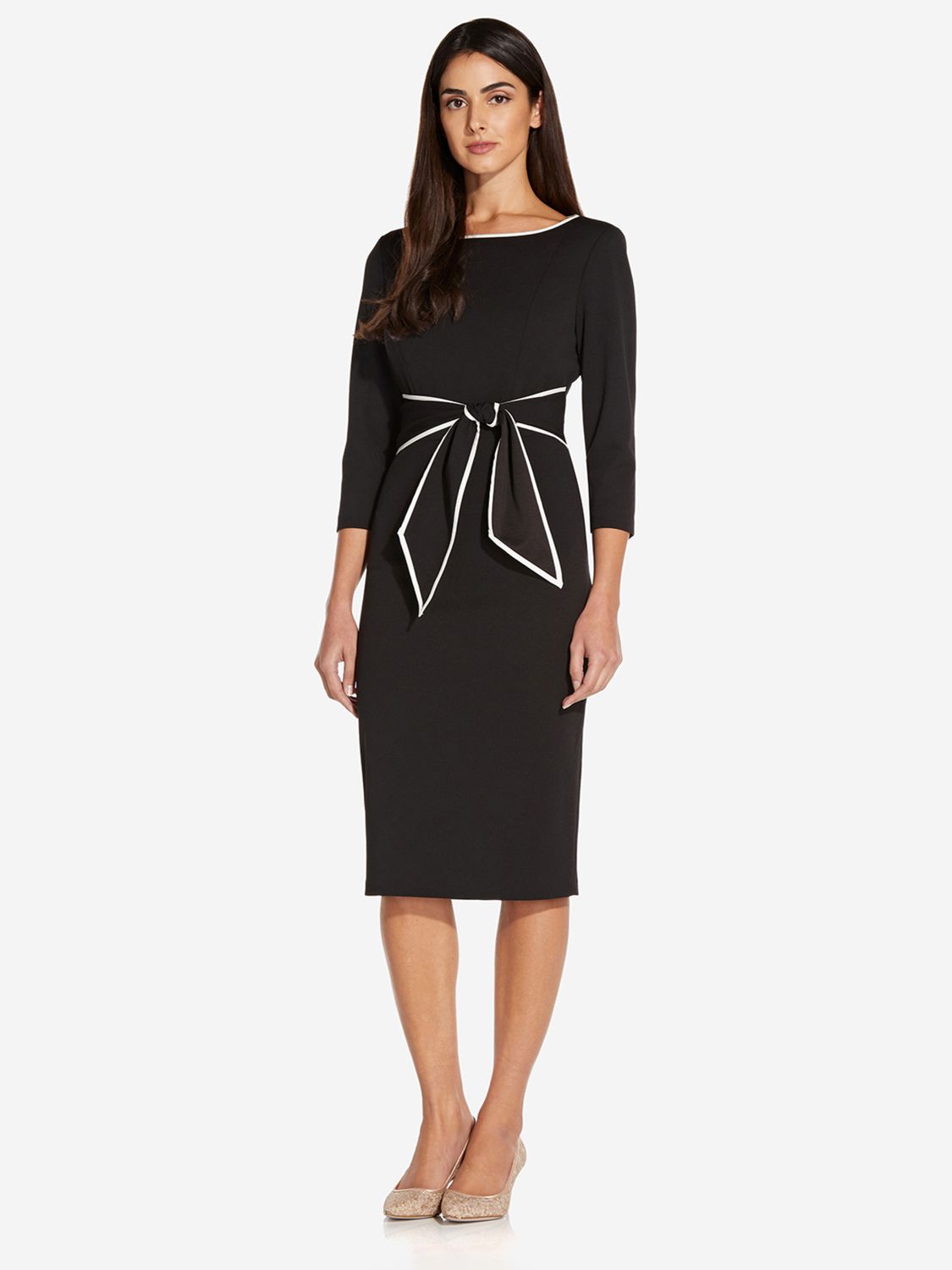 Adrianna Papell Tipped Crepe Tie Waist Midi Dress Black Ivory