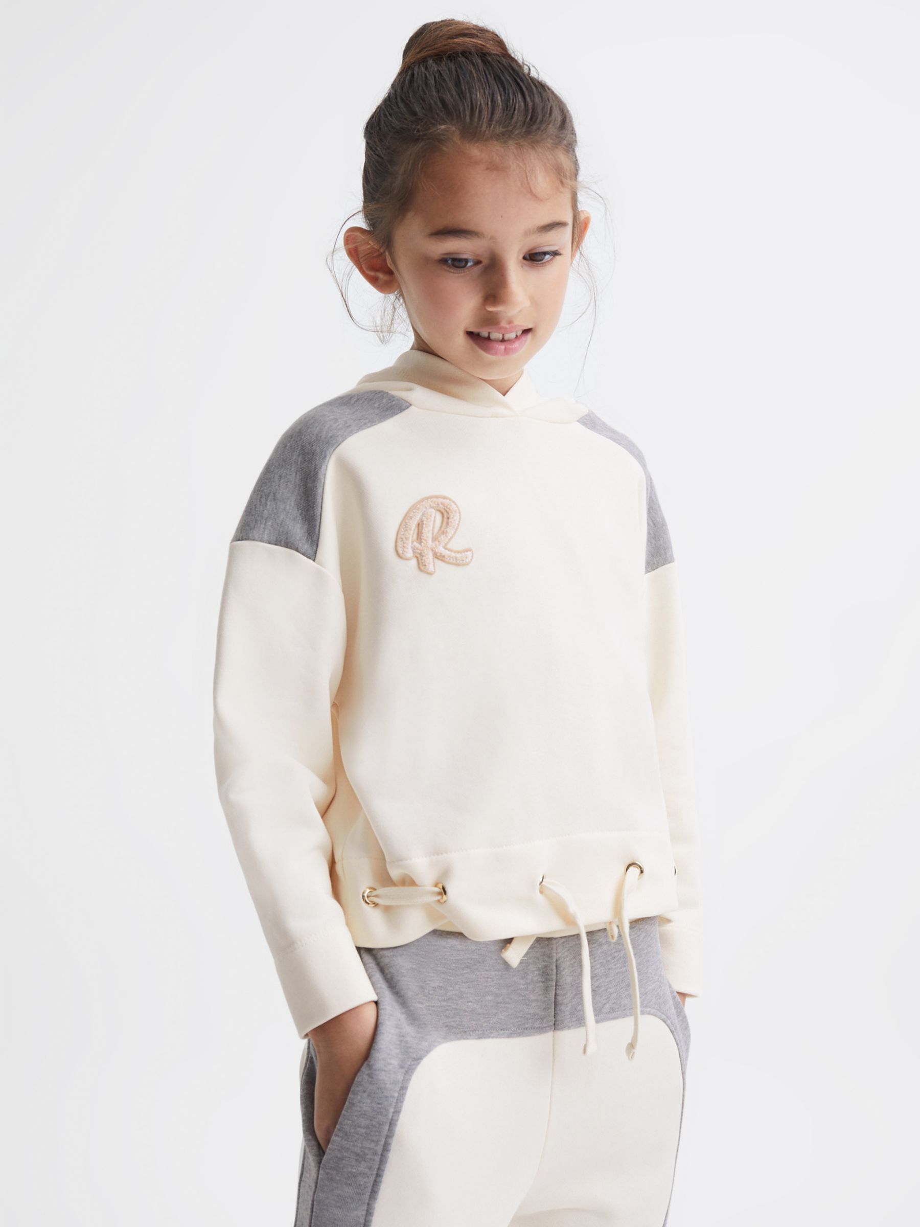 Reiss Kids' Estella Colour Block Logo Embroidered Girl's Sweatshirt, Pale Pink/Grey
