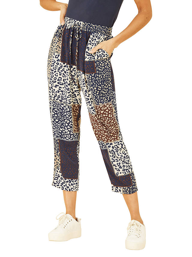 Yumi Patchwork Animal Print Cropped Trousers, Navy/Multi