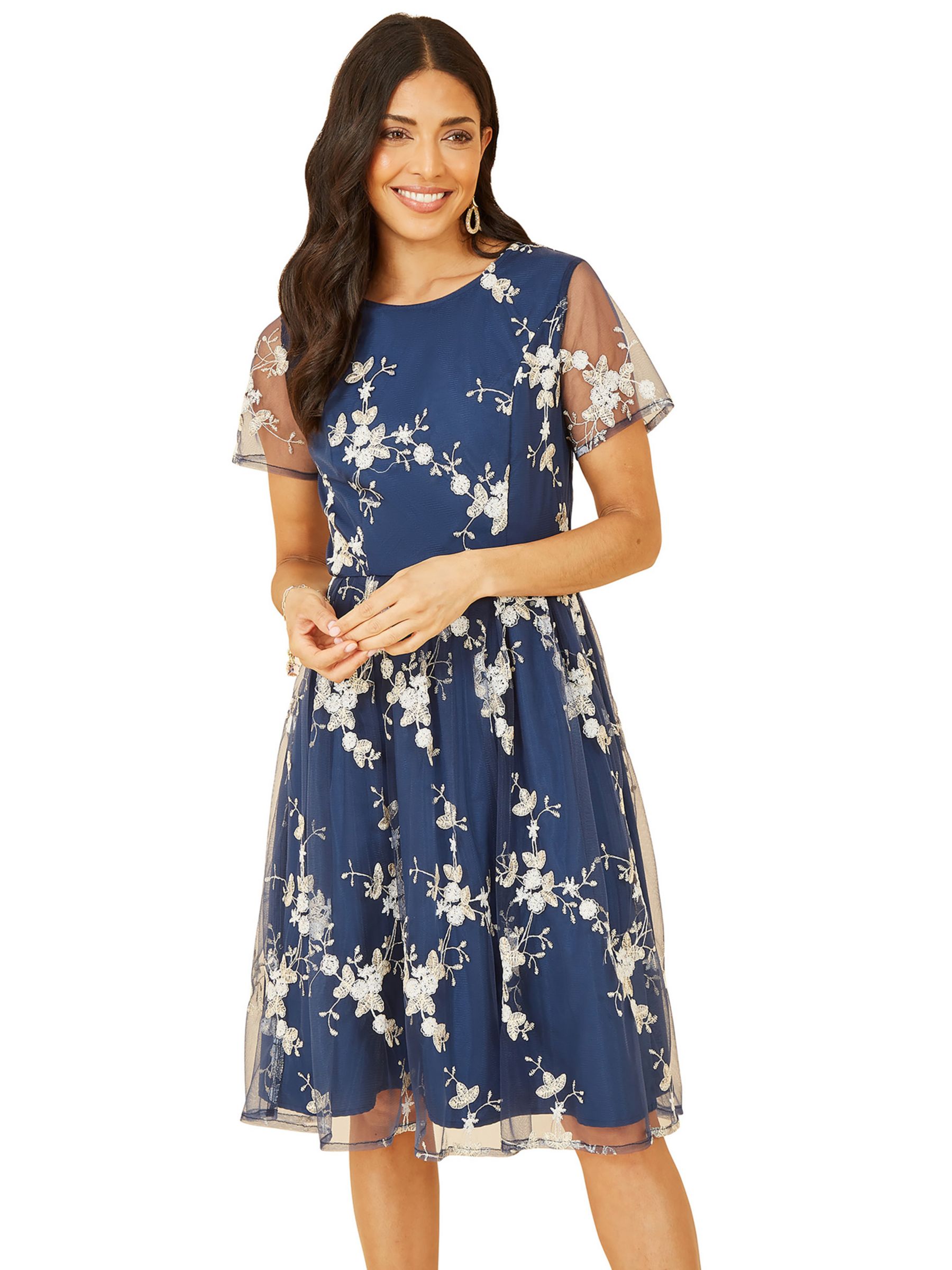 Yumi Embroidered Floral Skater Dress, Navy