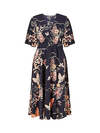 Yumi Butterfly Print Kimono Sleeve Midi Dress, Navy