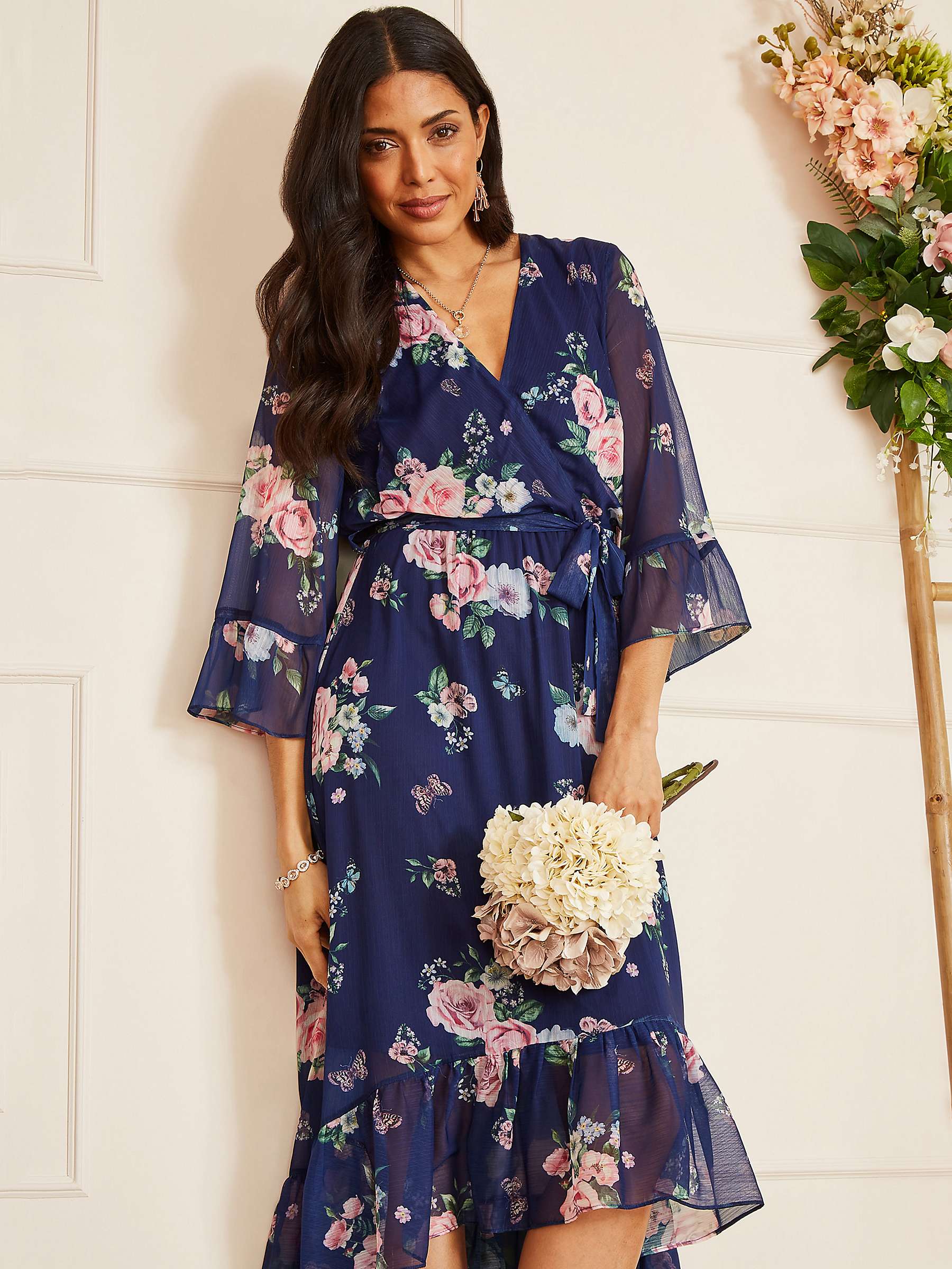 Buy Yumi Floral Print Wrap Midi Dress, Navy Online at johnlewis.com