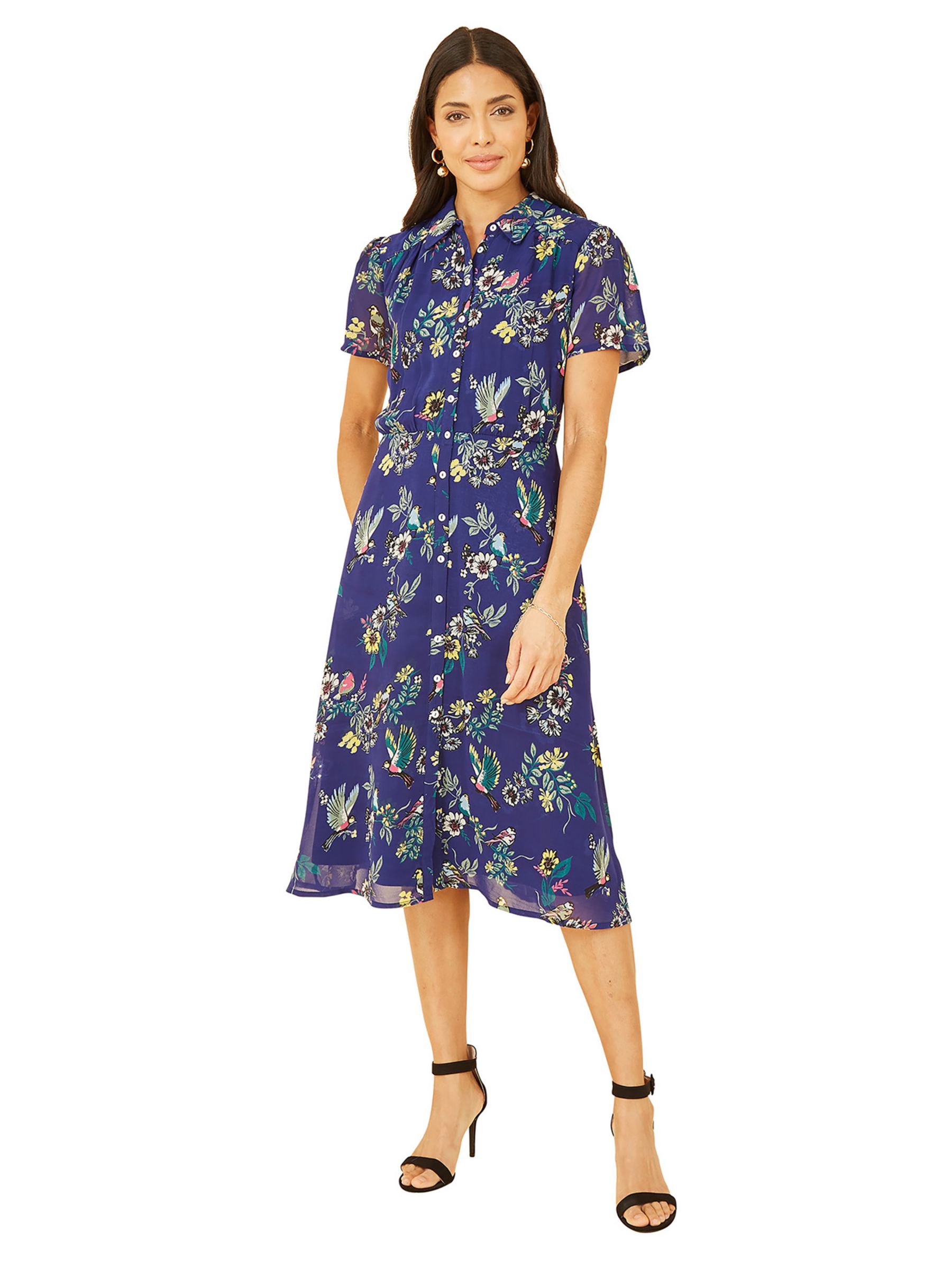 Yumi Bird Print Midi Shirt Dress, Navy, 8