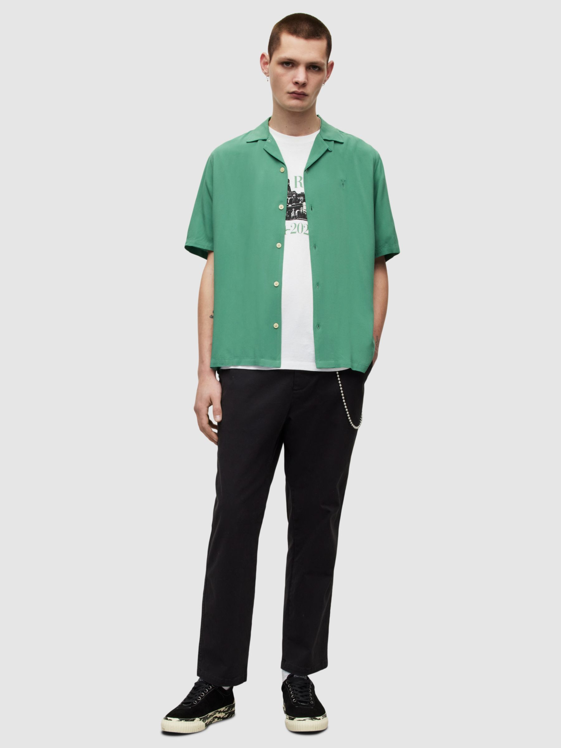 AllSaints Venice Short Sleeve Shirt, Dark Thyme Green at John Lewis ...