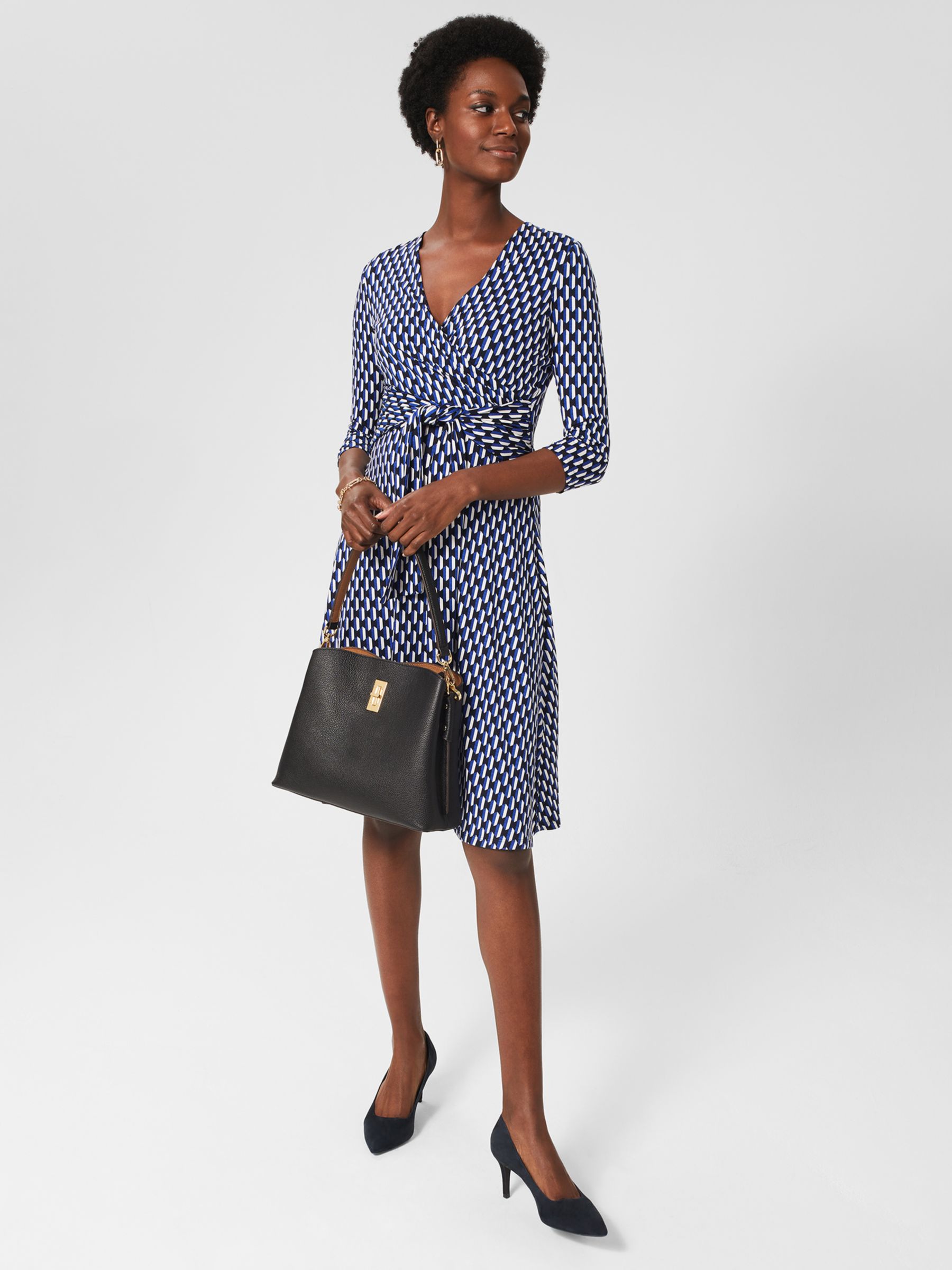 Hobbs Dina Tie Waist Dress, Navy/Multi at John Lewis & Partners