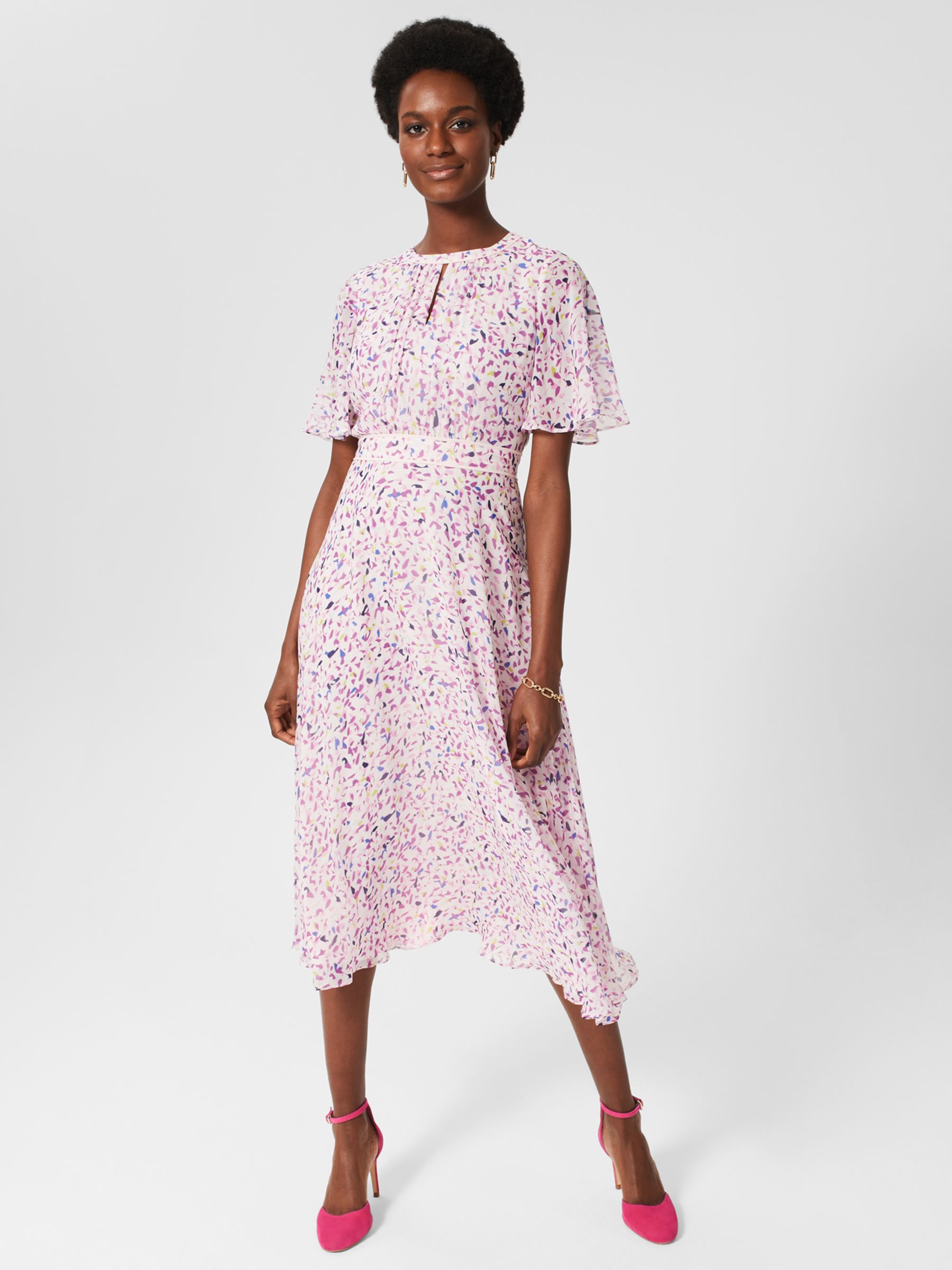 Hobbs Lisette Abstract Print Midi Silk Dress, Pale Pink/Multi, 10