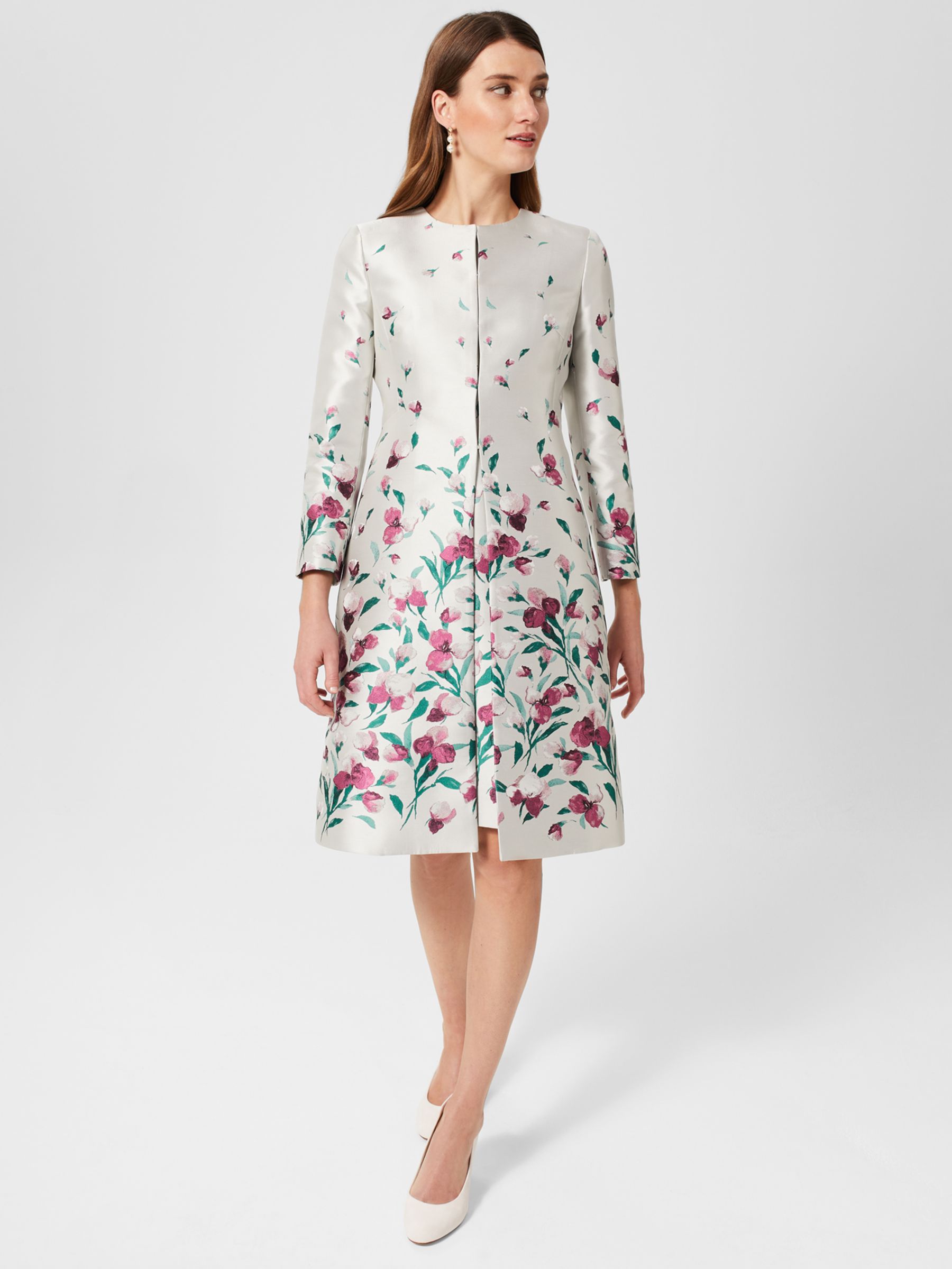 Hobbs Gwen Jacquard Dress, Oyster/Multi at John Lewis & Partners