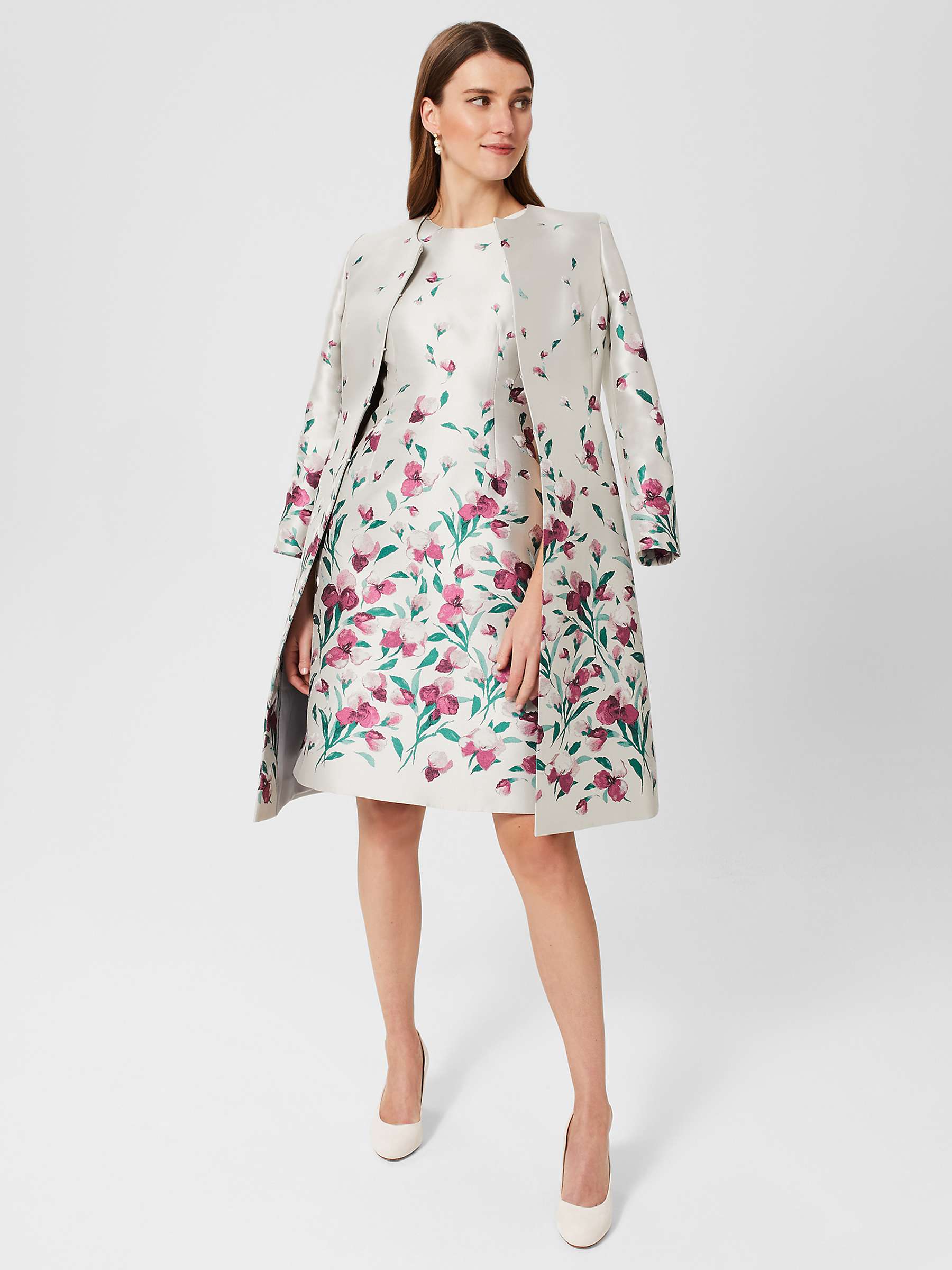 Hobbs Gwen Jacquard Dress, Oyster/Multi at John Lewis & Partners