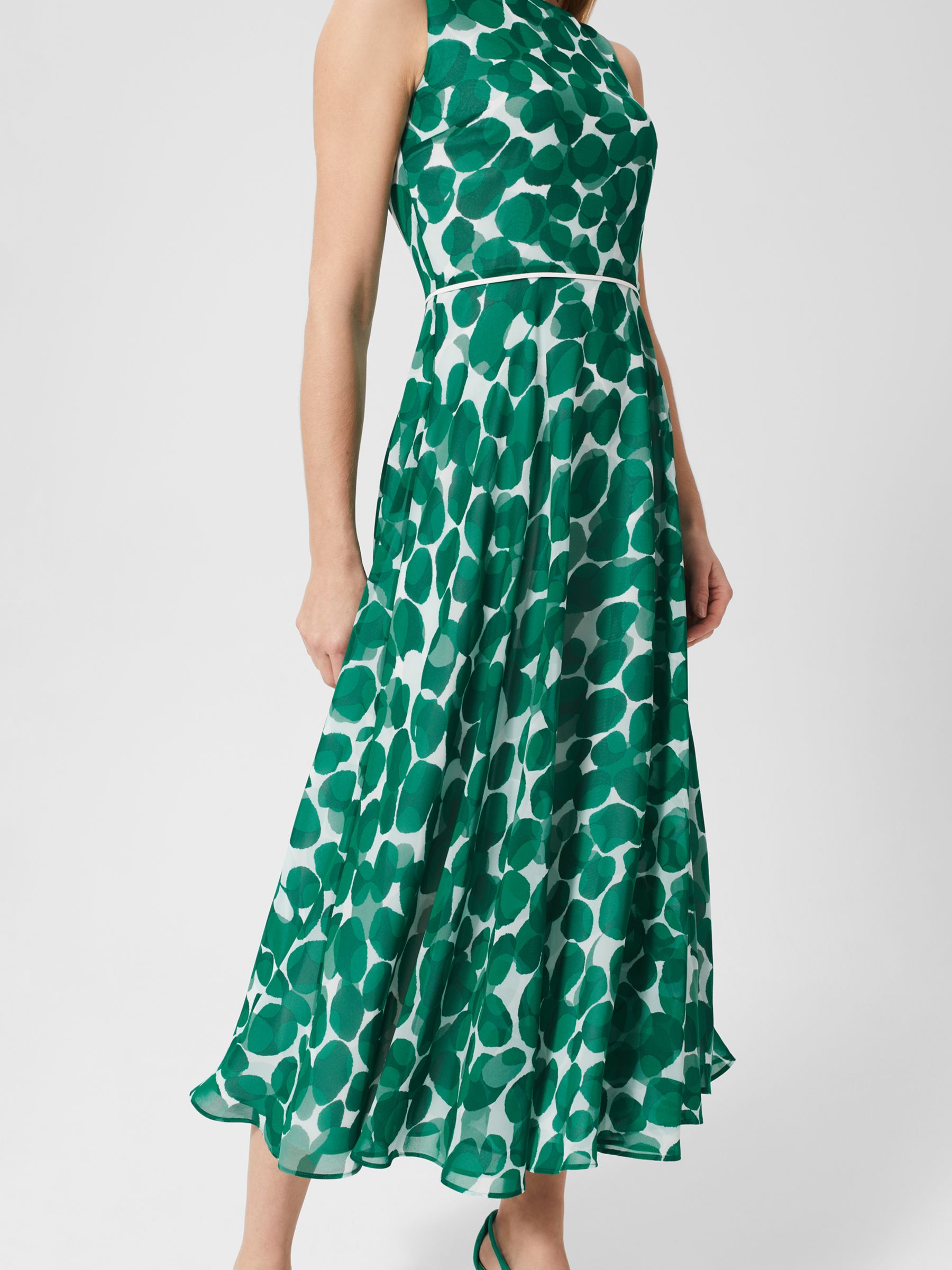 Hobbs Carly Abstract Spot Midi Dress, Green/Ivory, 6