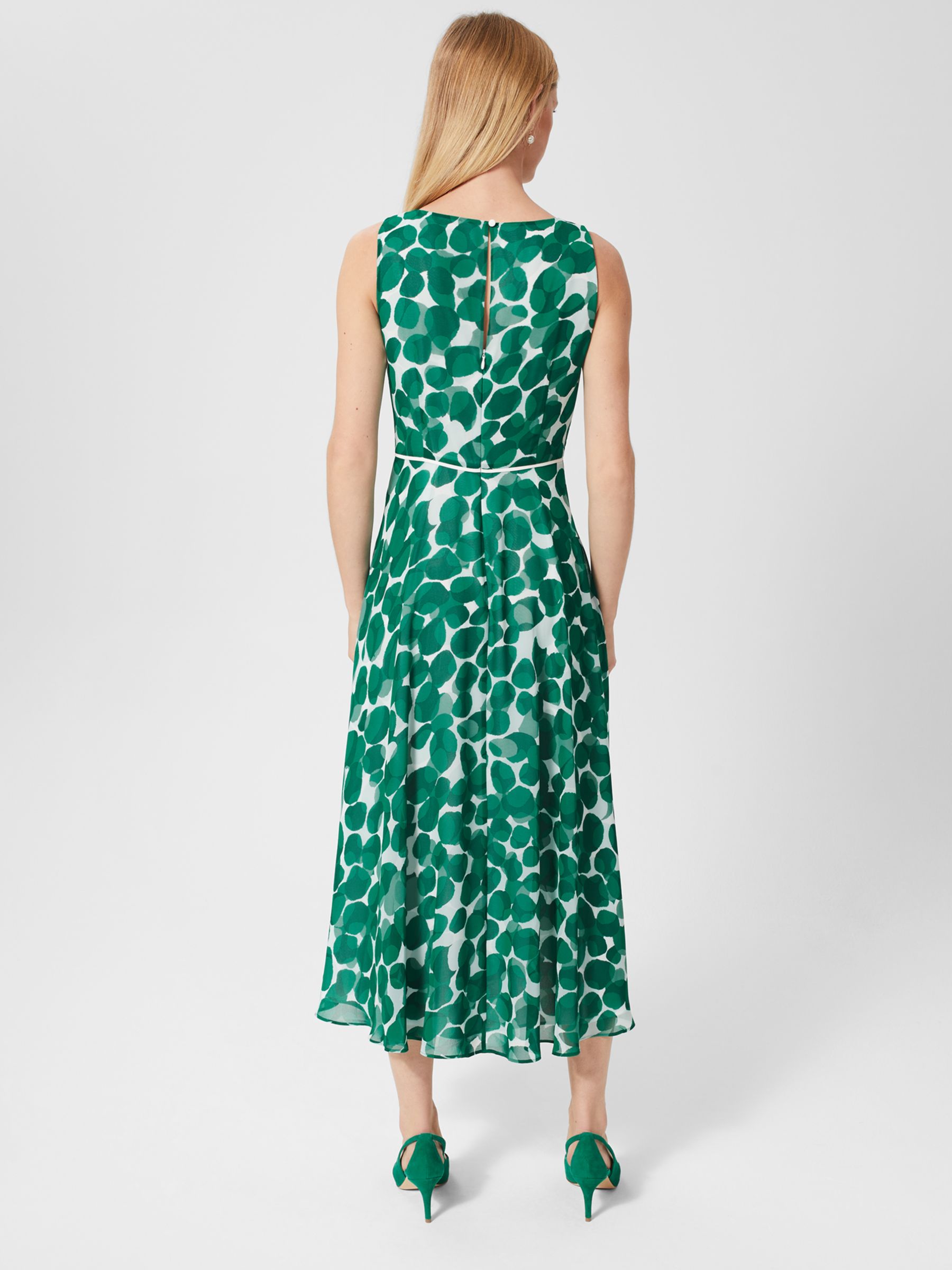 Hobbs Carly Abstract Spot Midi Dress, Green/Ivory