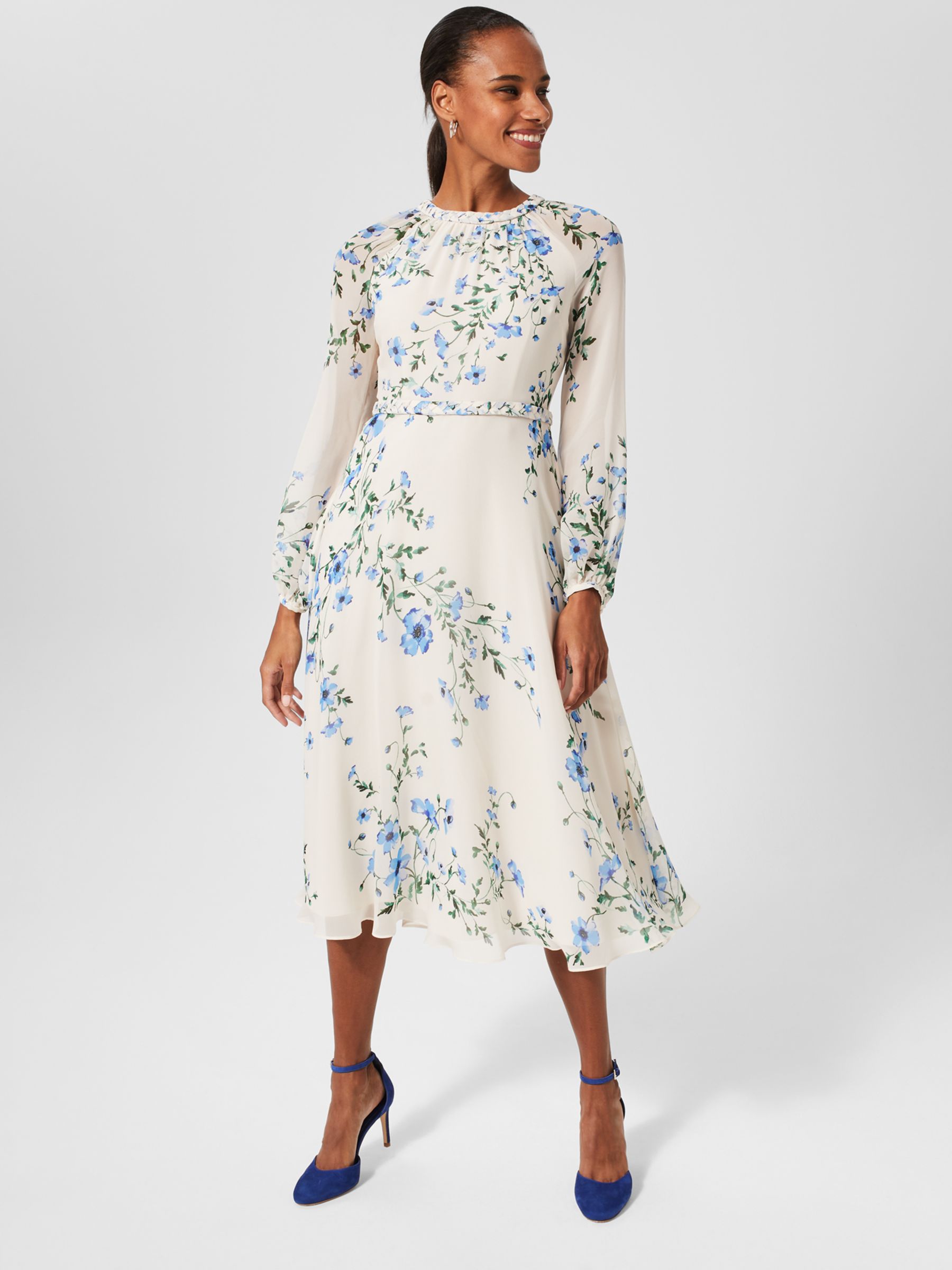 Hobbs Renee Midi Floral Silk Dress, Cream/Multi at John Lewis & Partners