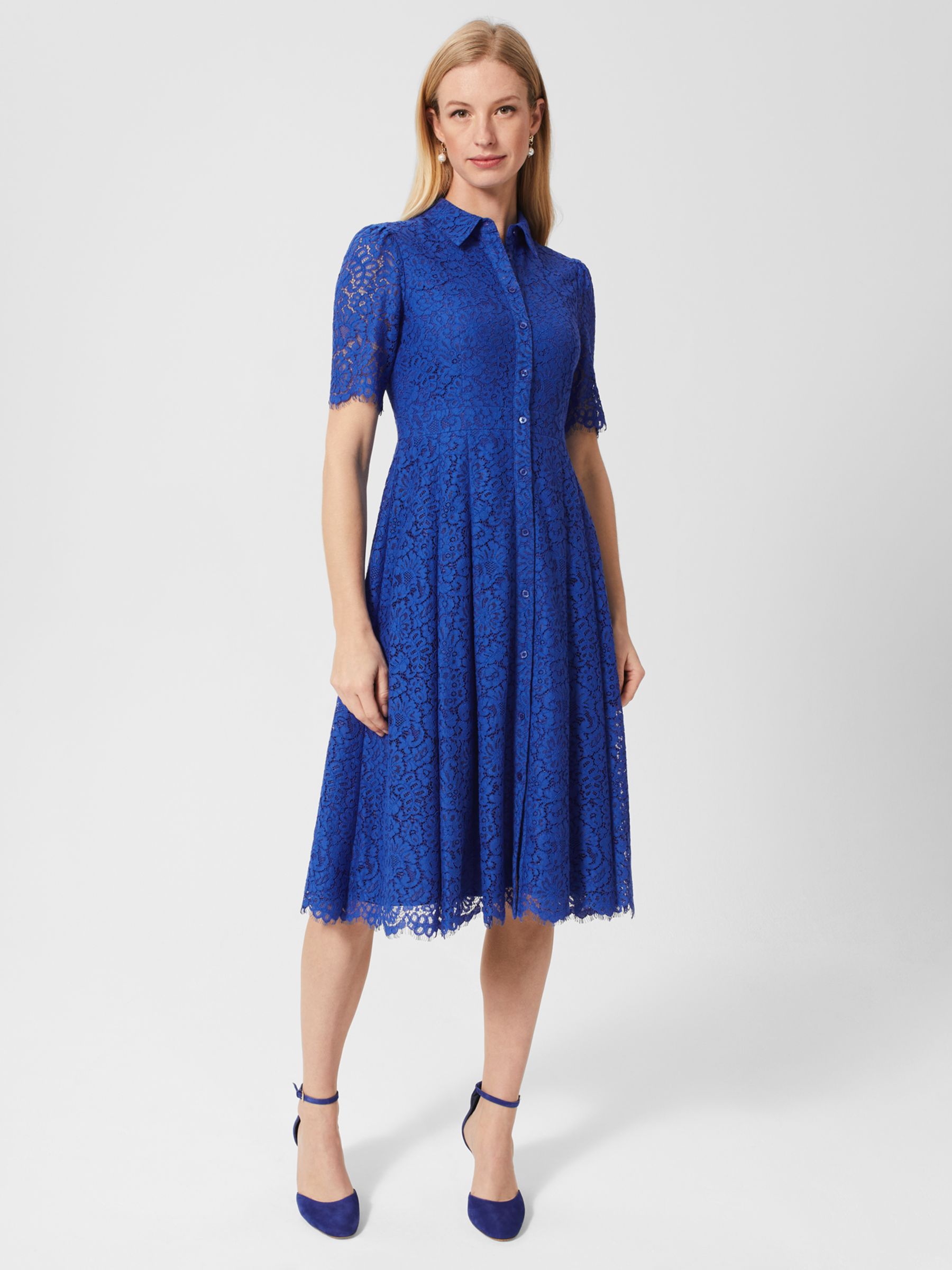 Hobbs Rebecca Lace Shirt Dress, Cobalt Blue at John Lewis & Partners