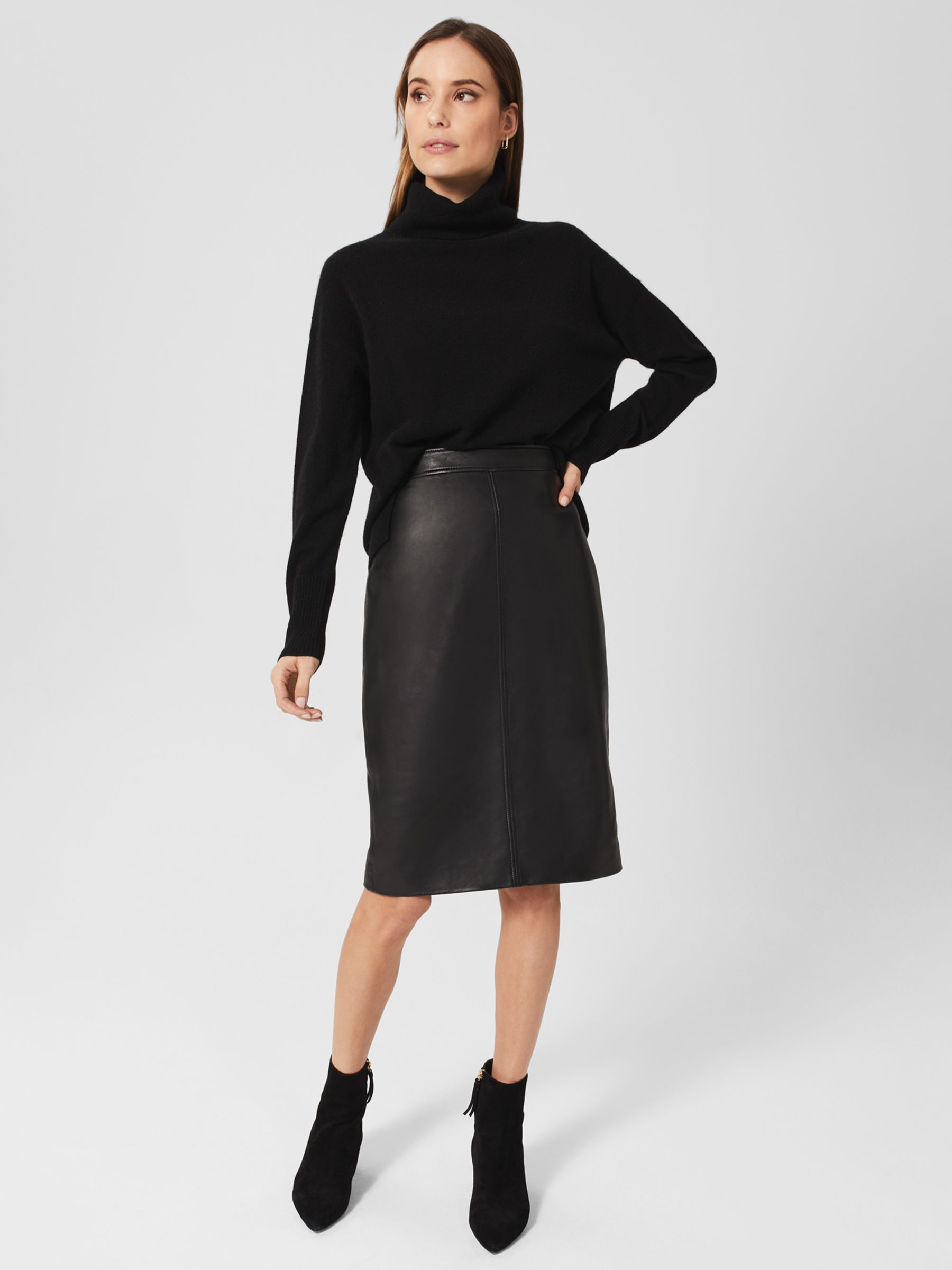 John Lewis Leather Midi Skirt, Black, 8