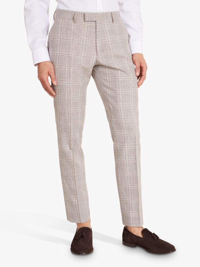 Moss Tailored Fit Check Linen Suit Trousers, Taupe, 28S