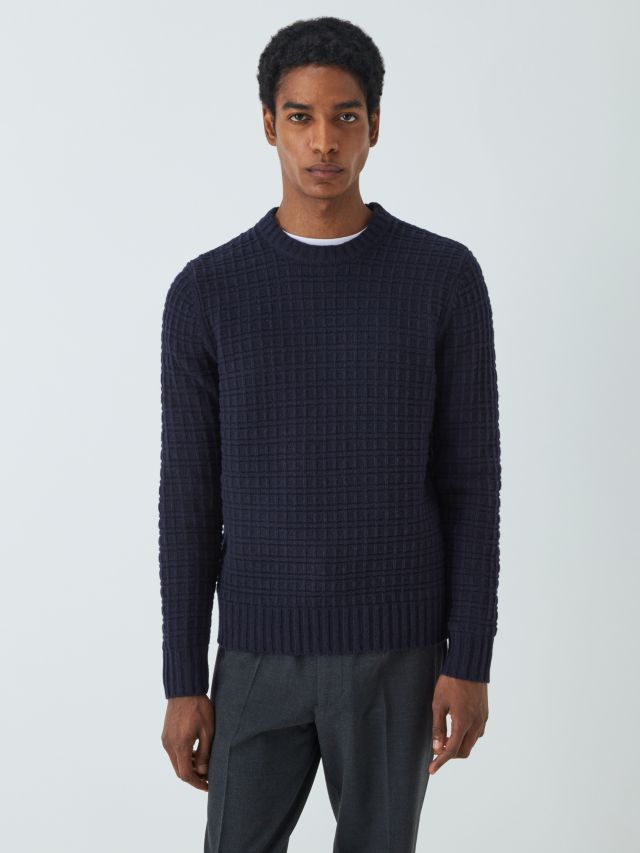 Kin Lambswool Square Grid Crew Jumper, Dark Sapphire, S