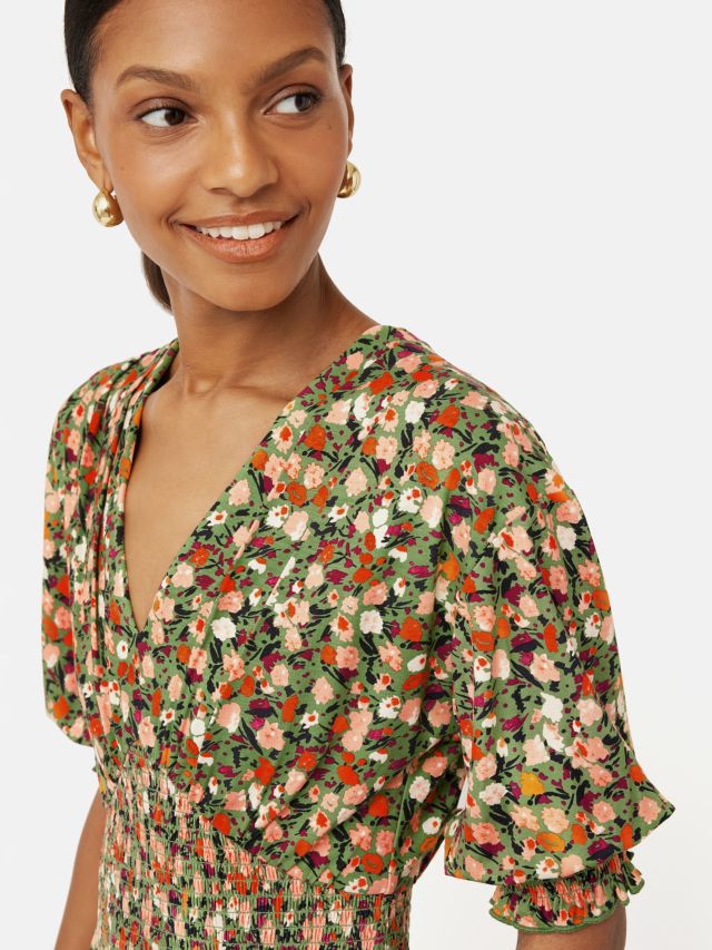 Jigsaw Floral Shirred Empire Line Midi Dress, Green, XS